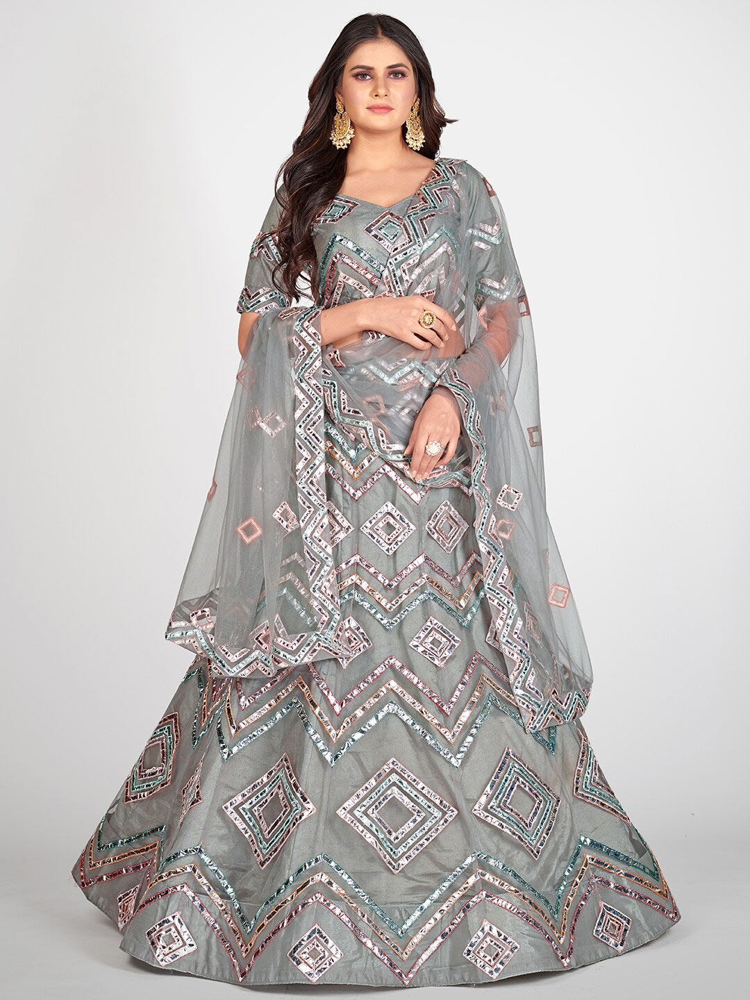 

SHOPGARB Embellished Semi-Stitched Lehenga & Unstitched Blouse With Dupatta, Grey