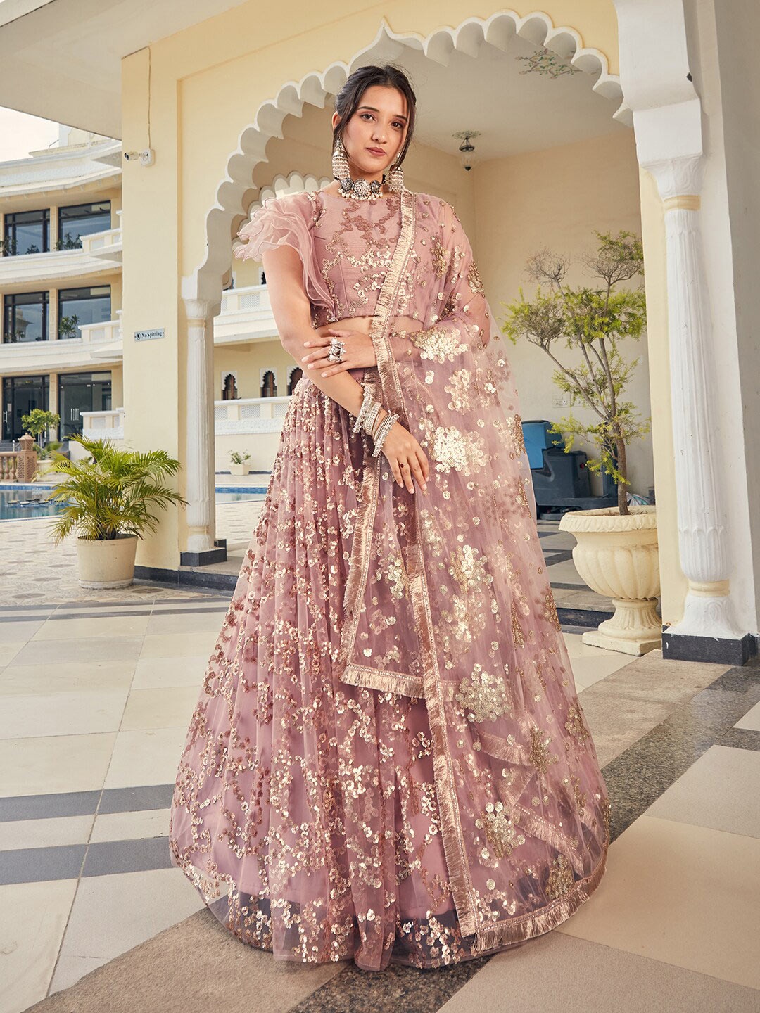 

SHOPGARB Embellished Sequinned Semi-Stitched Lehenga & Unstitched Blouse With, Peach