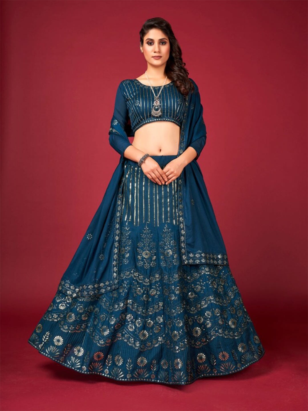 

SHOPGARB Embroidered Thread Work Semi-Stitched Lehenga & Unstitched Blouse With Dupatta, Blue