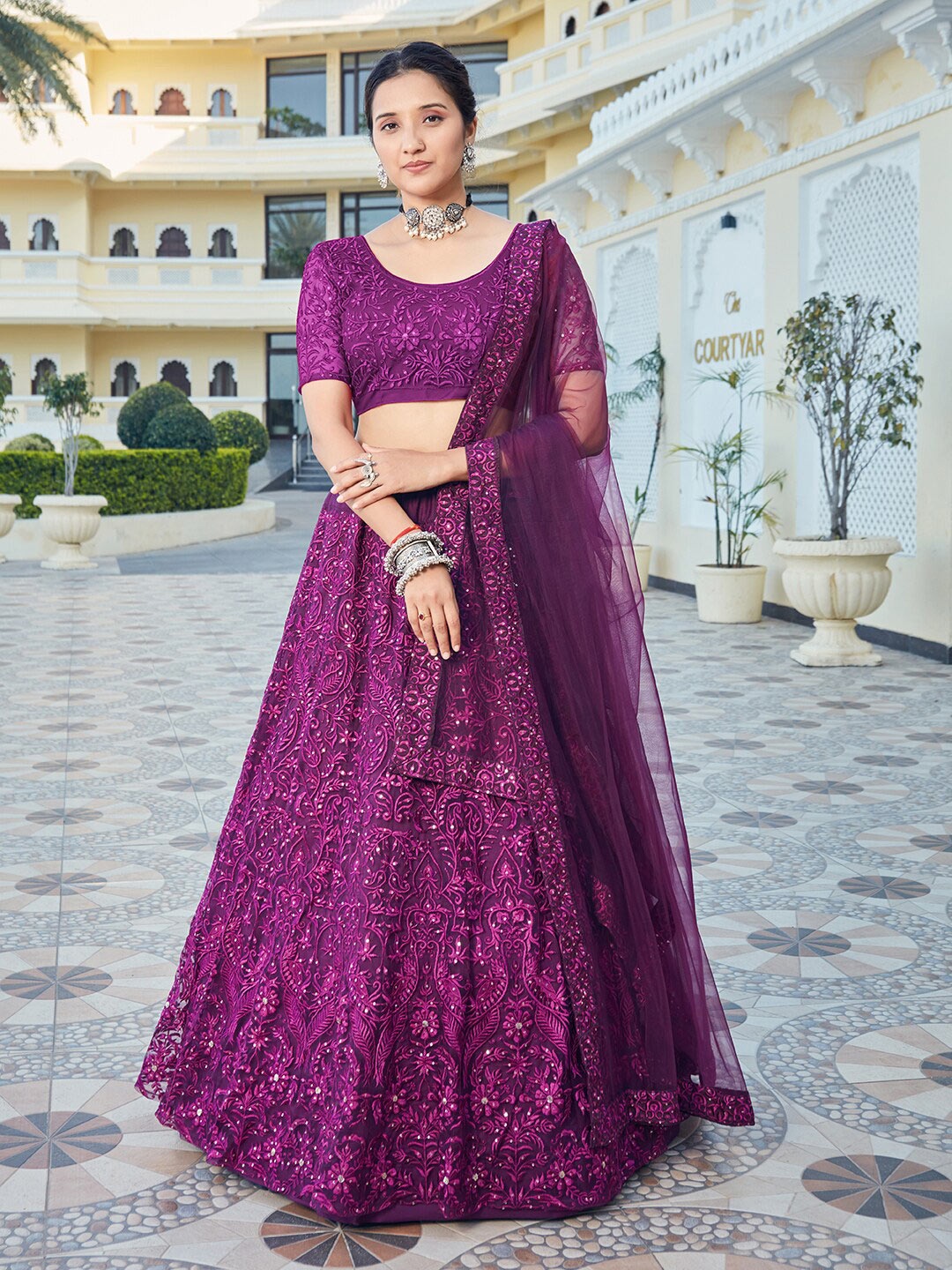 

SHOPGARB Embroidered Thread Work Semi-Stitched Lehenga & Unstitched Blouse With Dupatta, Purple