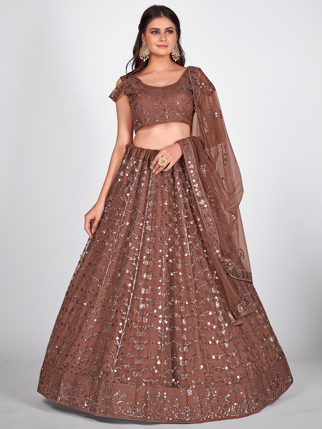 

SHOPGARB Embellished Sequinned Semi-Stitched Lehenga & Unstitched Blouse With Dupatta, Brown