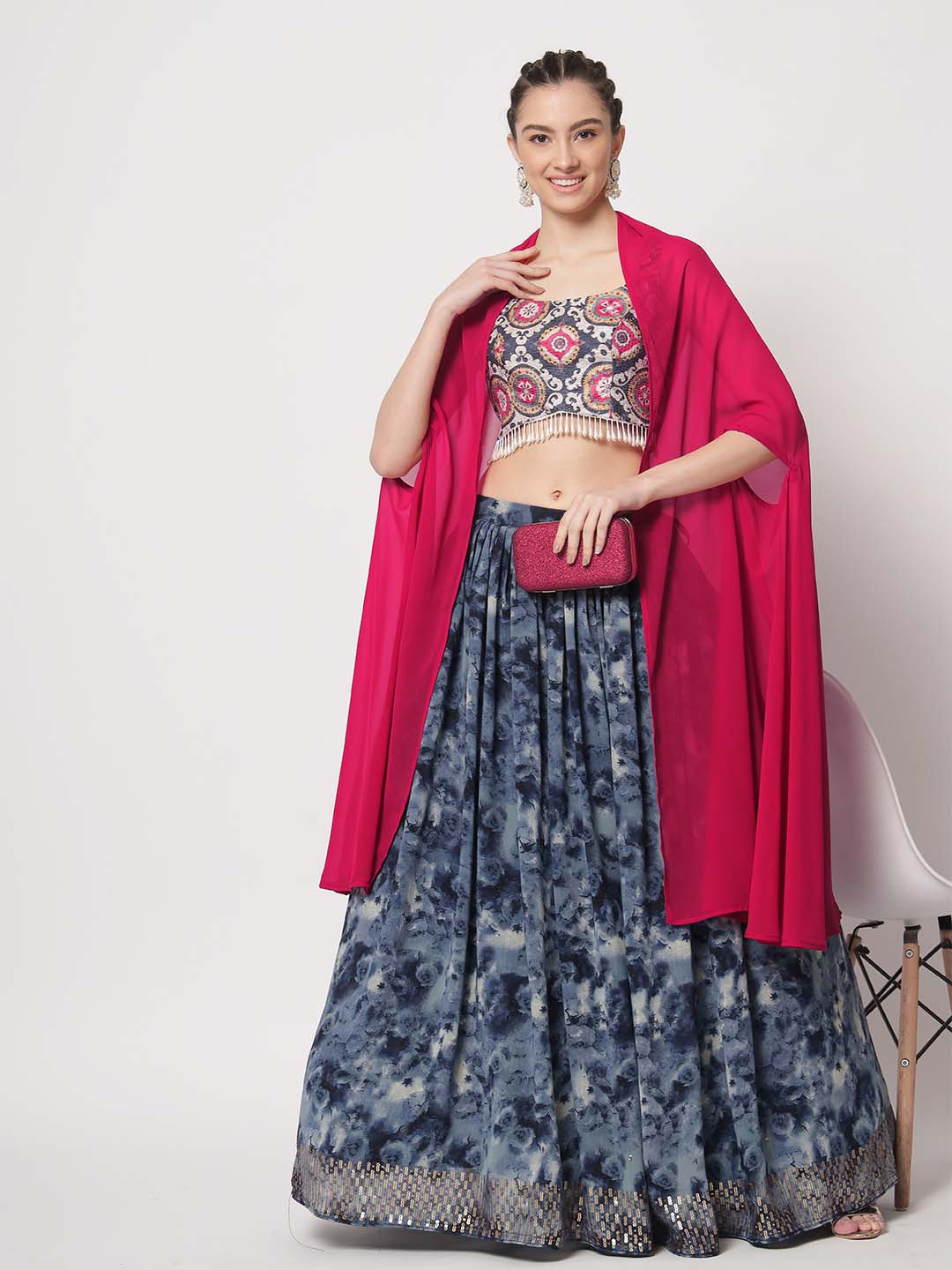 

SHUBHKALA Printed Semi-Stitched Lehenga & Unstitched Blouse With Dupatta, Navy blue