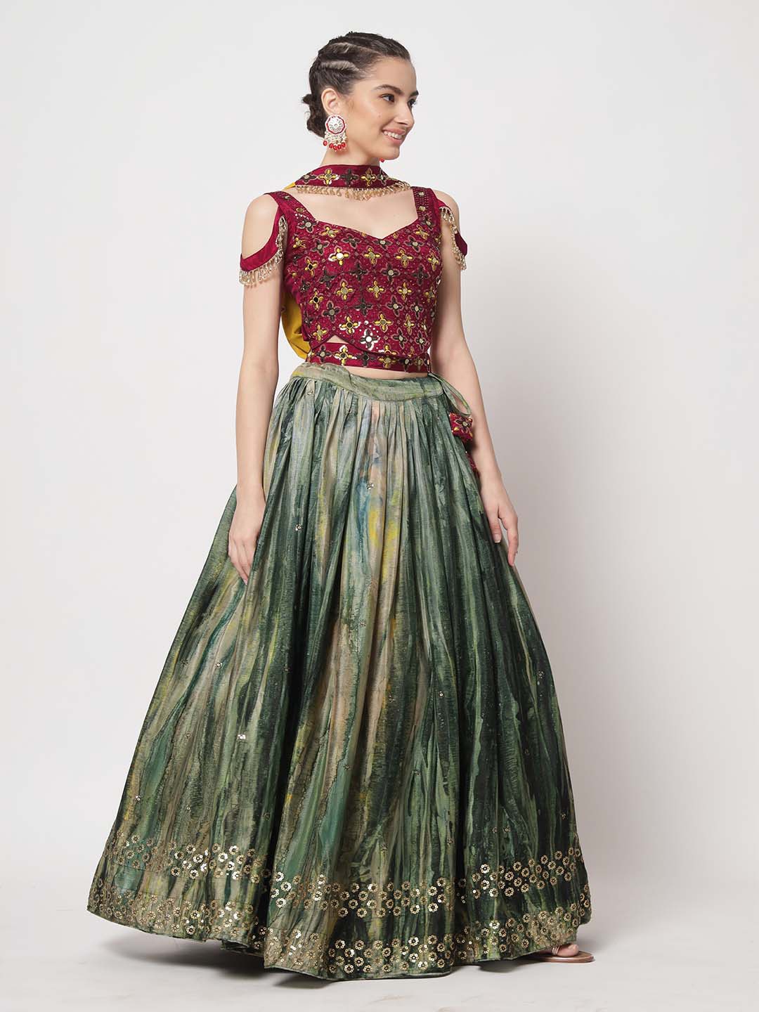 

SHUBHKALA Embroidered Thread Work Semi-Stitched Lehenga & Unstitched Blouse With Dupatta, Green