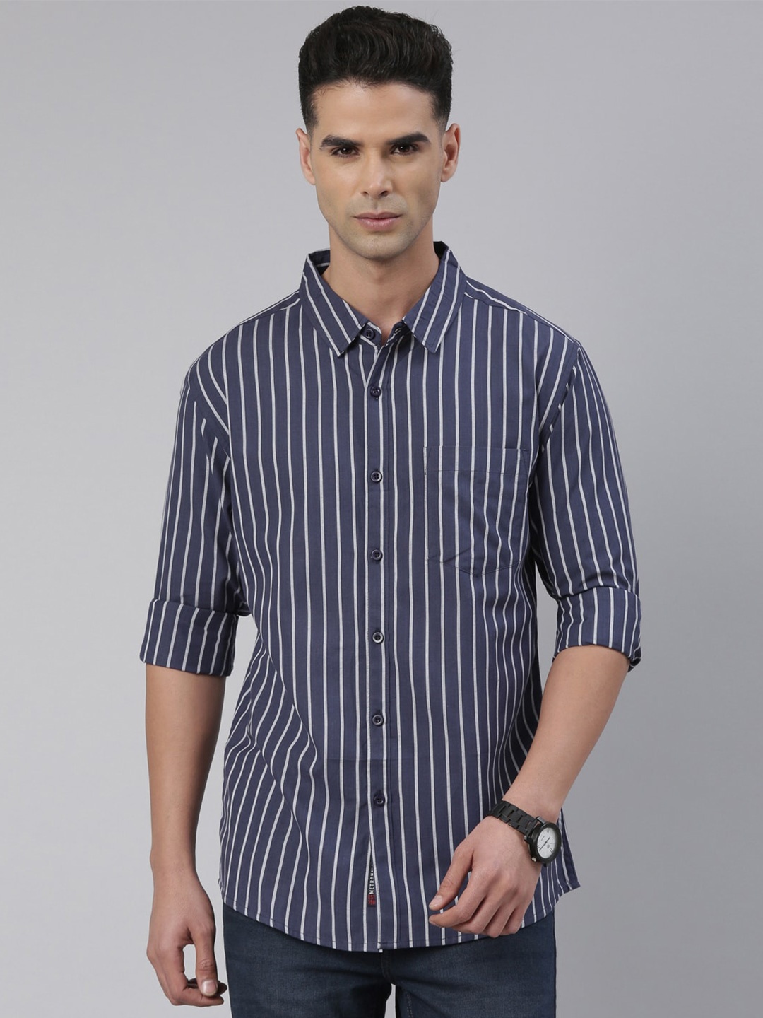 

Metronaut Slim Fit Striped Cotton Casual Shirt, Navy blue