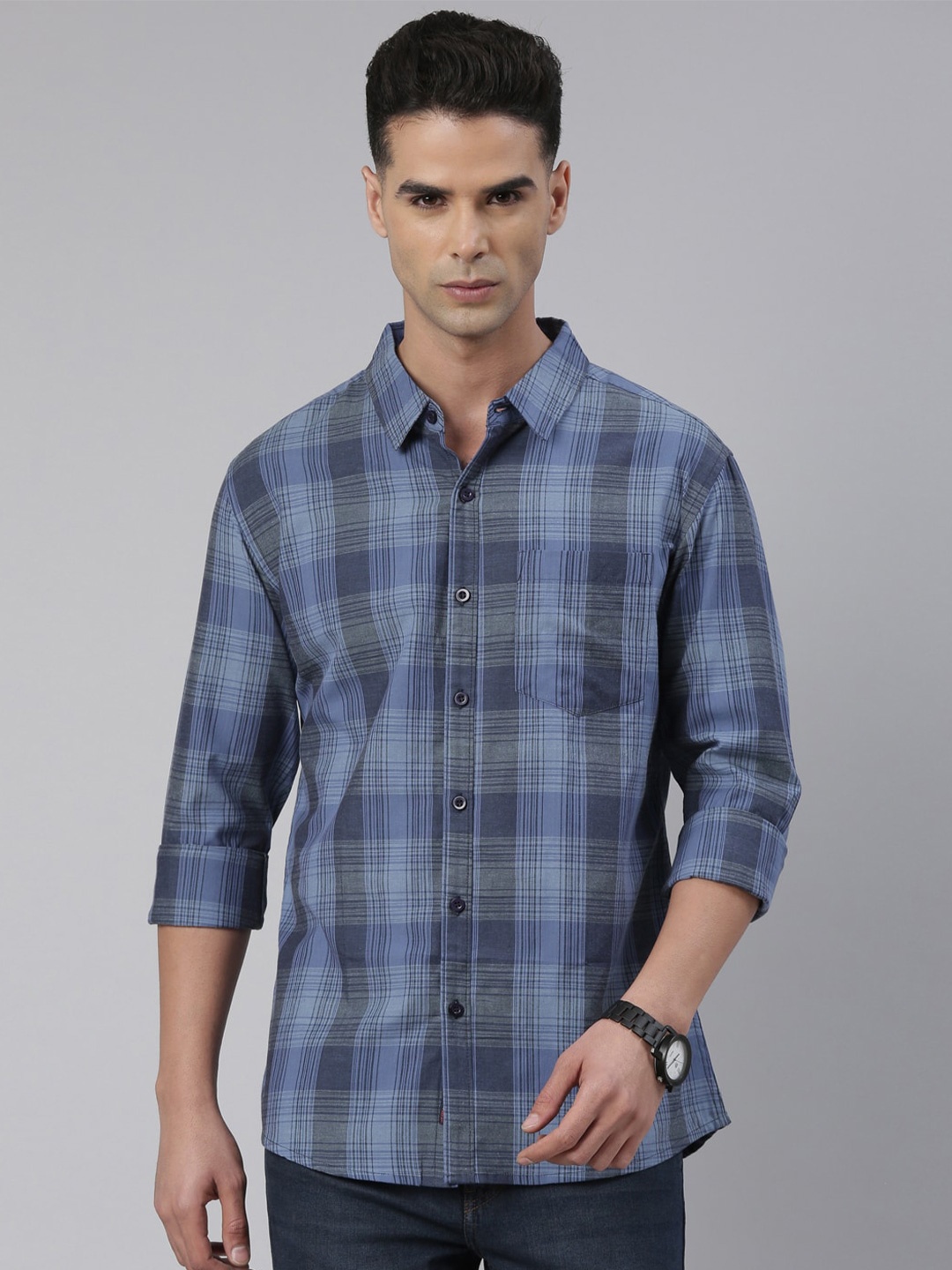 

Metronaut Slim Fit Tartan Checked Cotton Casual Shirt, Blue