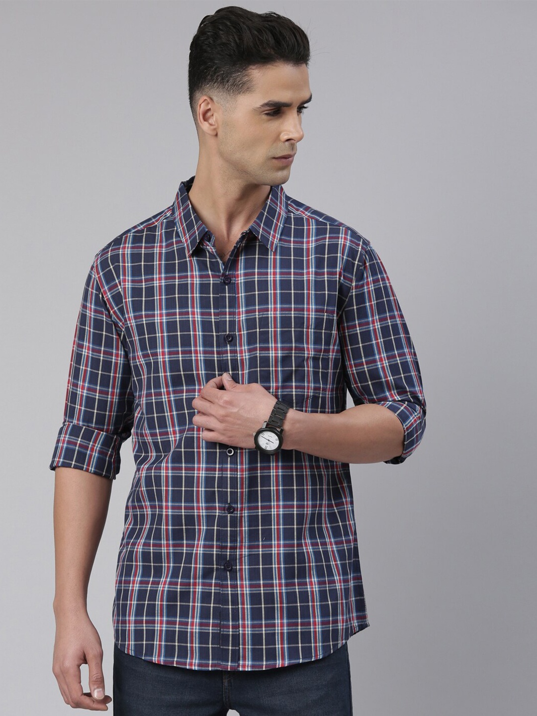 

Metronaut Slim Fit Tartan Checked Casual Pure Cotton Shirt, Navy blue