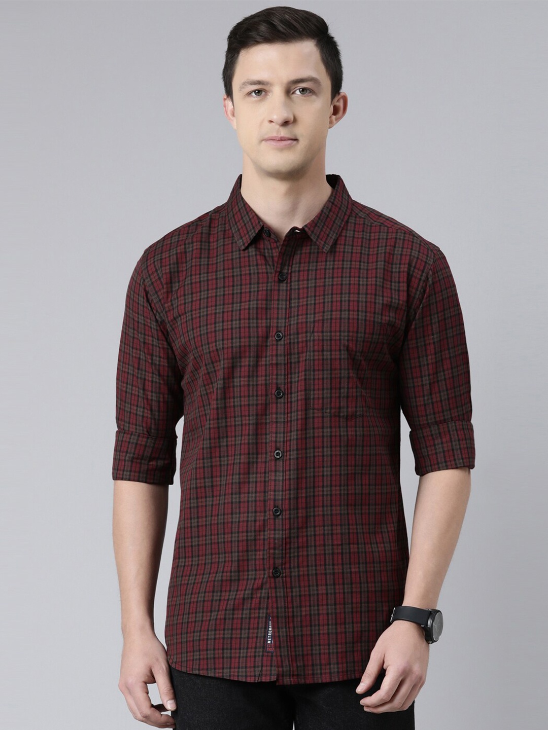 

Metronaut Tartan Checked Spread Collar Cotton Shirt, Maroon