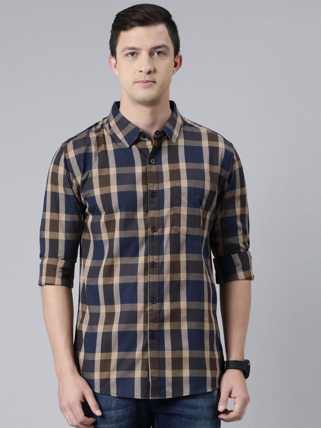 

Metronaut Tartan Checked Spread Collar Cotton Shirt, Navy blue