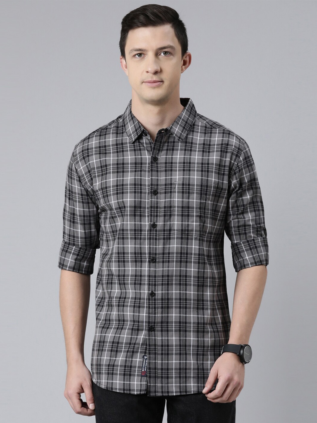 

Metronaut Tartan Checked Spread Collar Cotton Shirt, Black