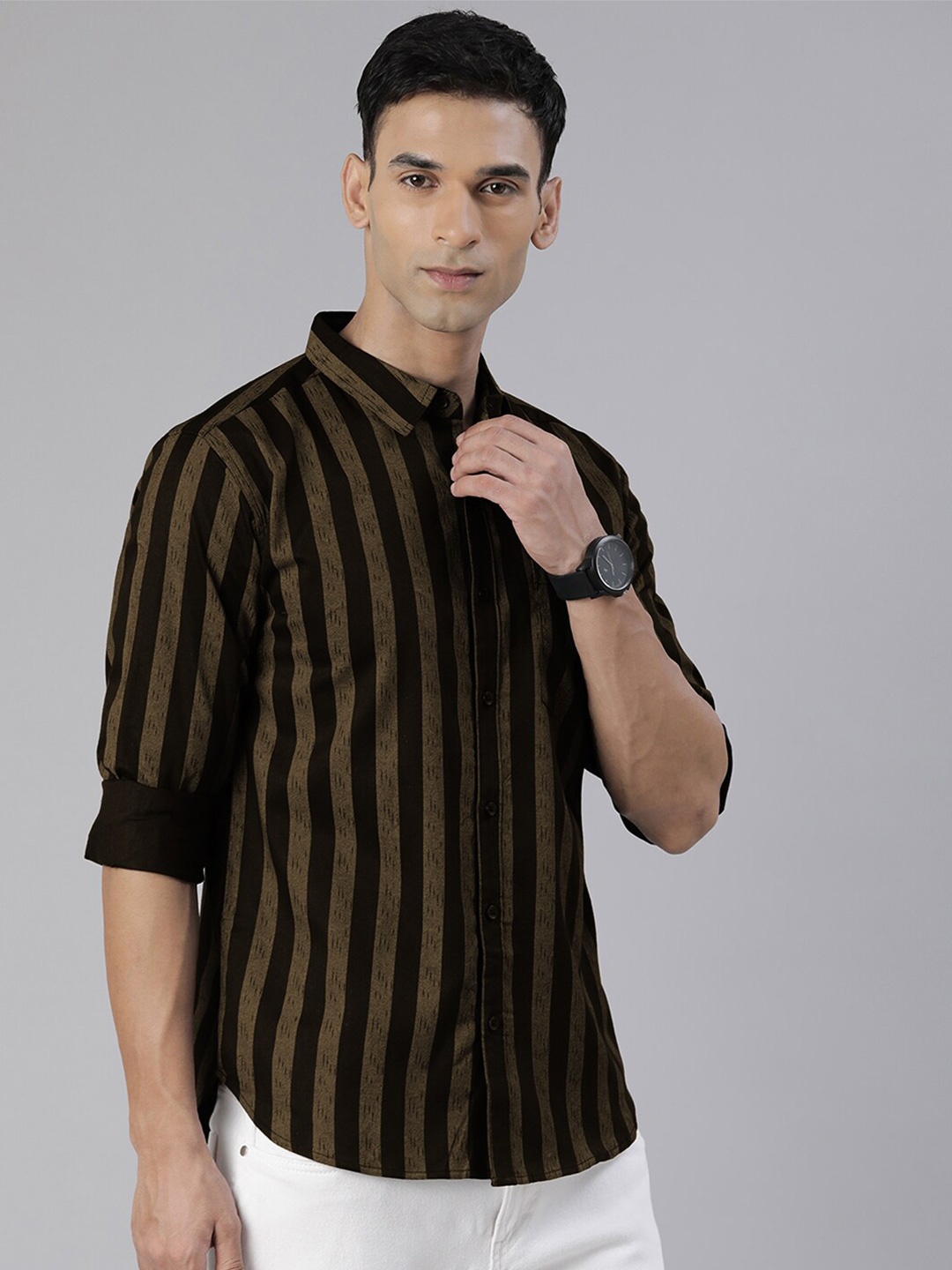 

Provogue Slim Fit Striped Pure Cotton Casual Shirt, Black