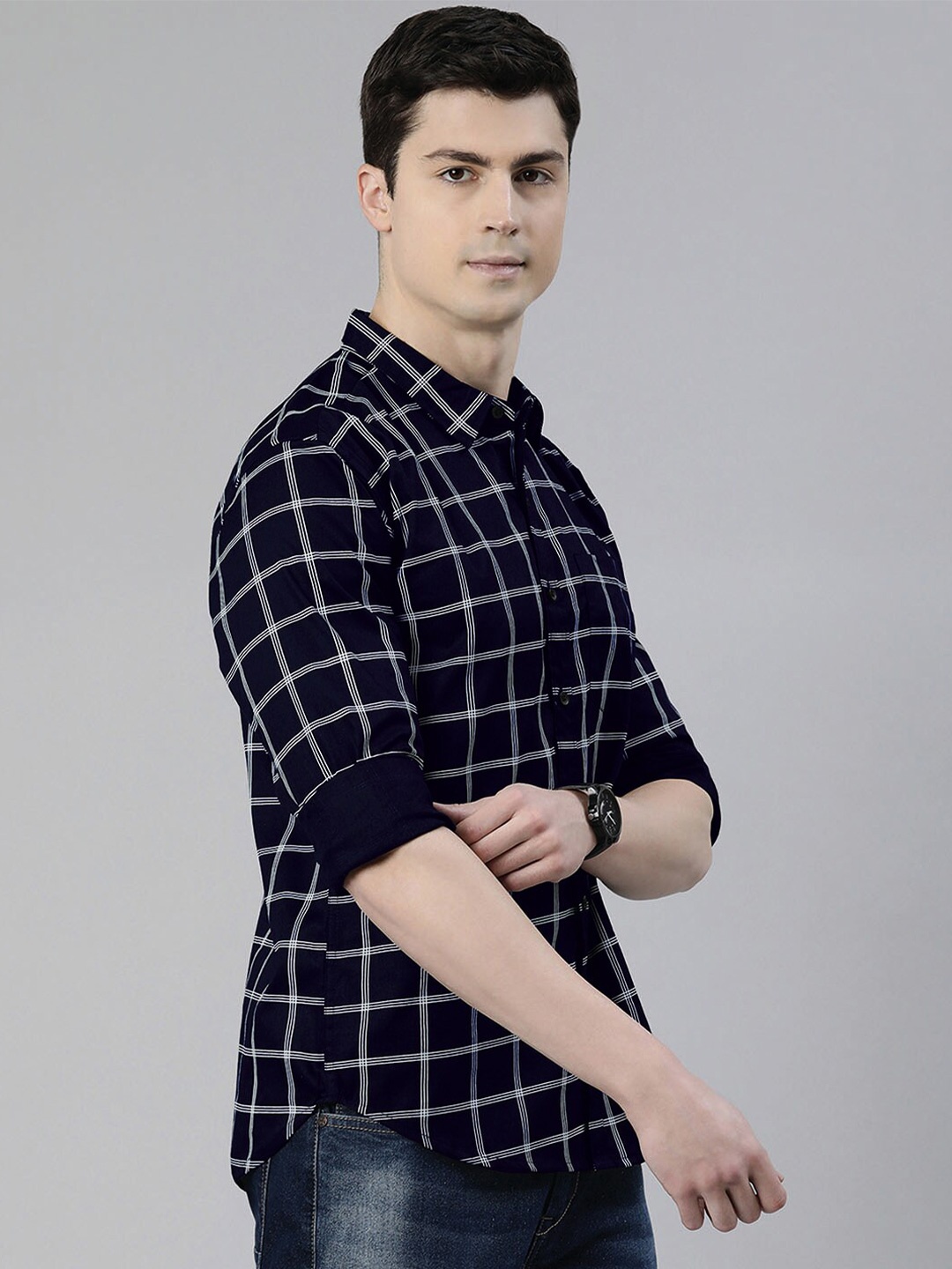 

Provogue Slim Fit Windowpane Checks Pure Cotton Casual Shirt, Navy blue