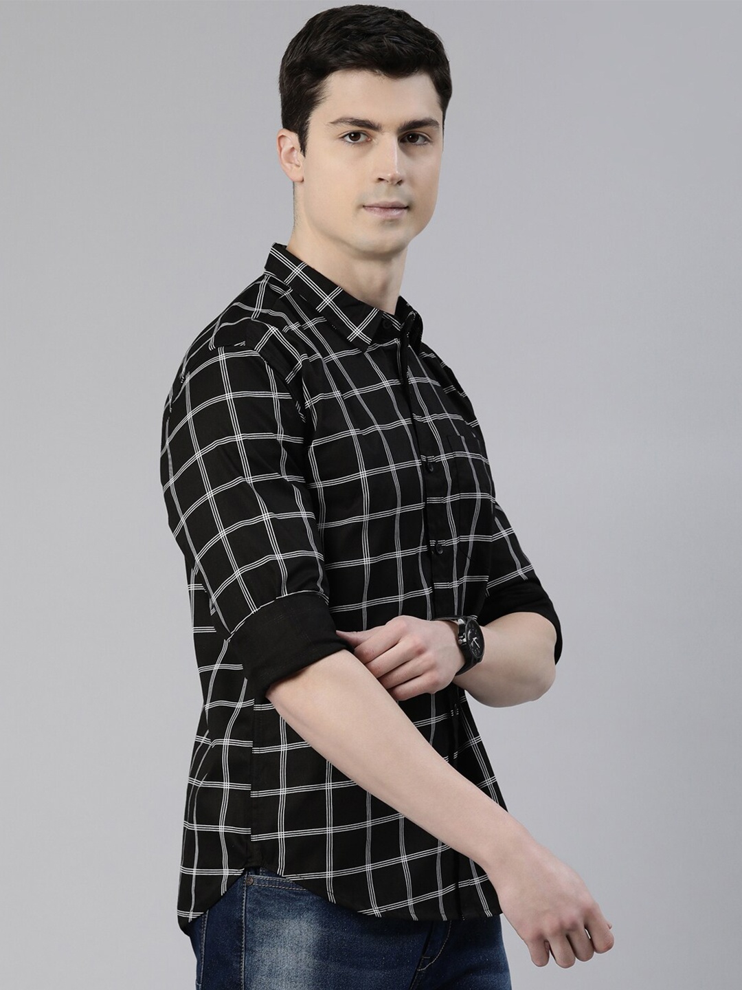 

Provogue Slim Fit Windowpane Checked Pure Cotton Casual Shirt, Black