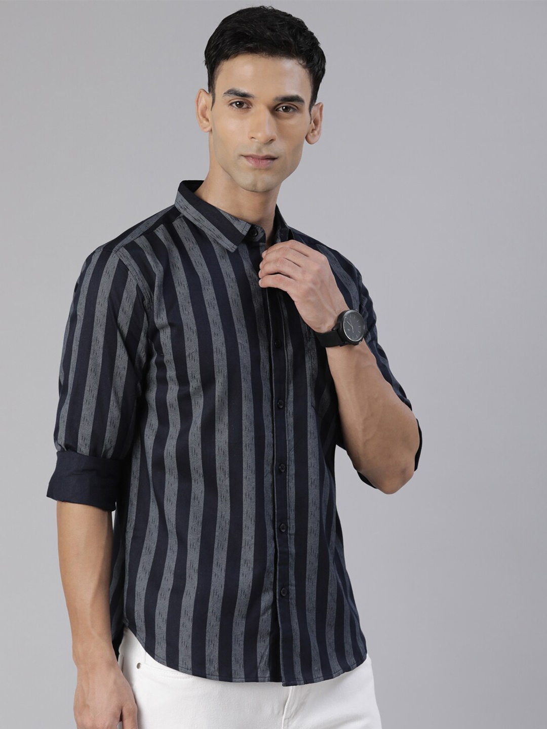 

Provogue Slim Fit Striped Pure Cotton Casual Shirt, Navy blue