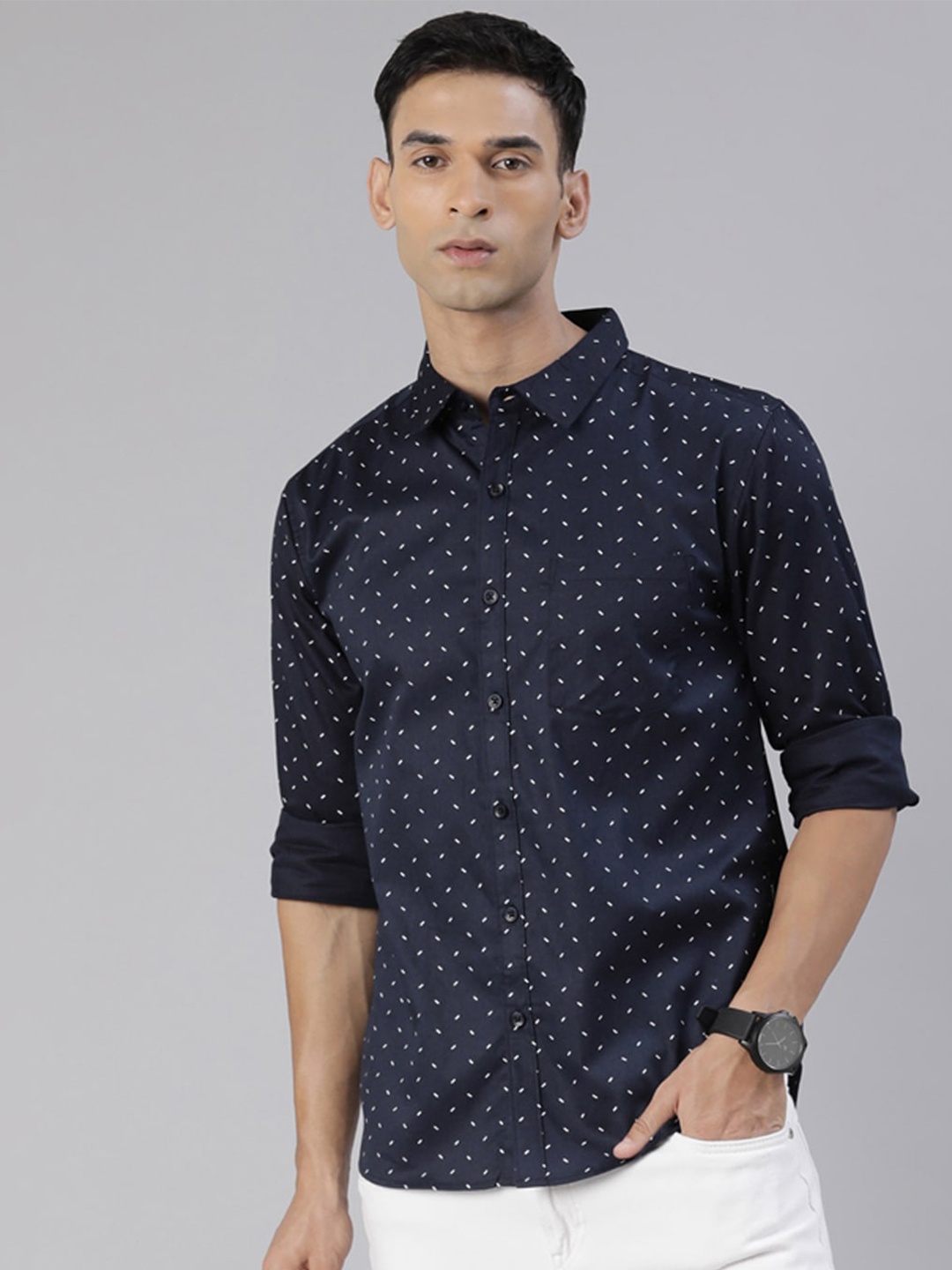 

Provogue Slim Fit Geometric Printed Pure Cotton Casual Shirt, Navy blue