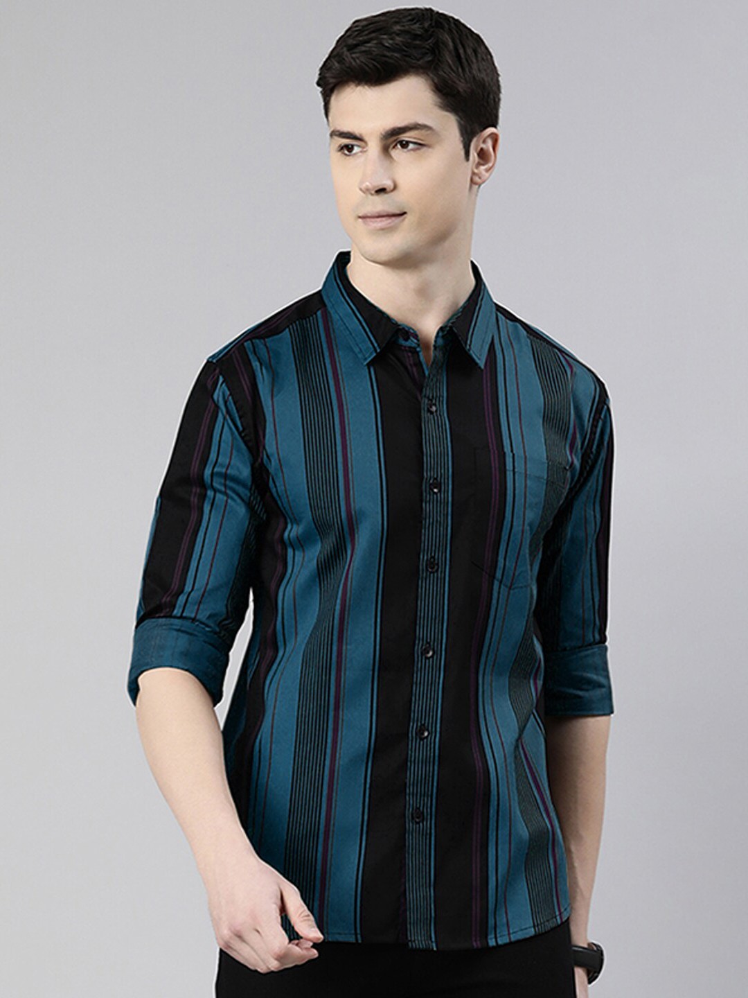

Metronaut Slim Fit Opaque Striped Casual Pure Cotton Shirt, Blue