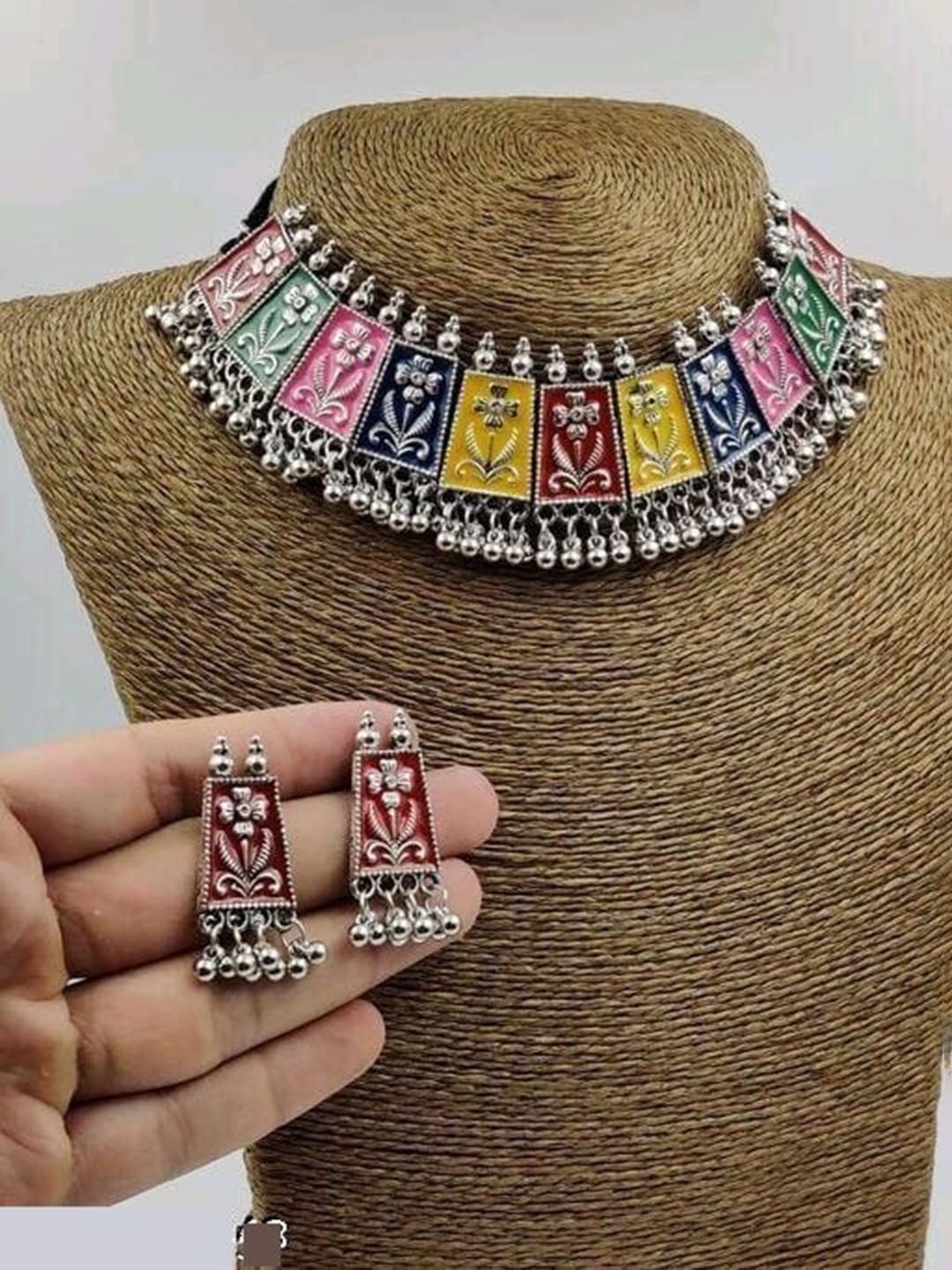 

Samridhi DC Silver-Plated Artificial Beaded Oxidised Jewellery Set