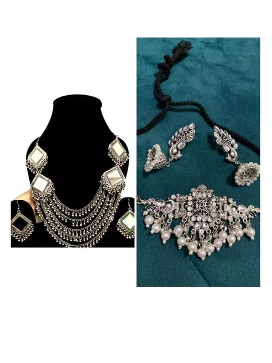 

Samridhi DC Set Of 2 Silver-Plated Stone-Studded & Artificial Beaded Necklace & Earrings