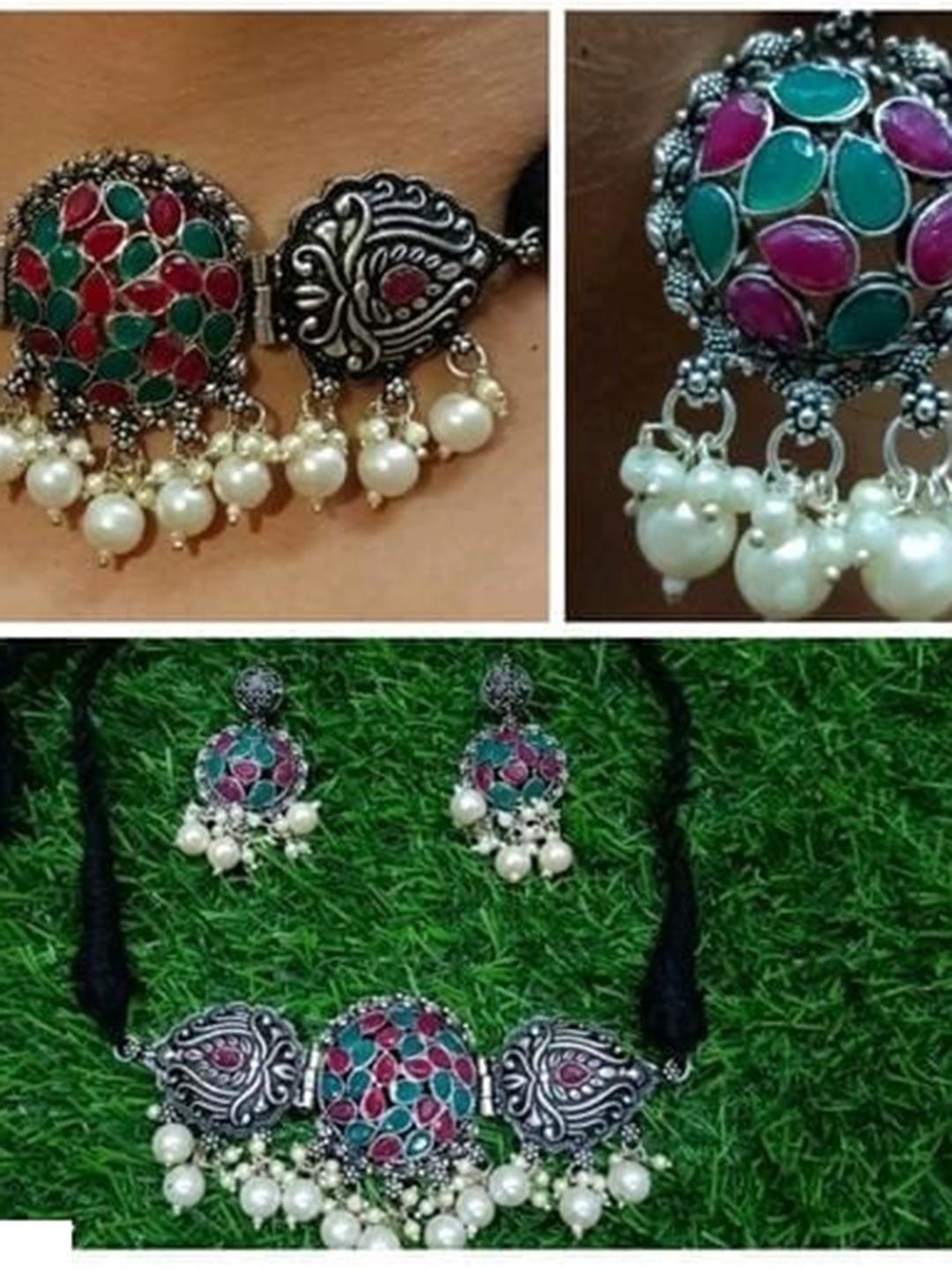 

Samridhi DC Silver-Plated Stone-Studded & Beaded Oxidised Jewellery Set