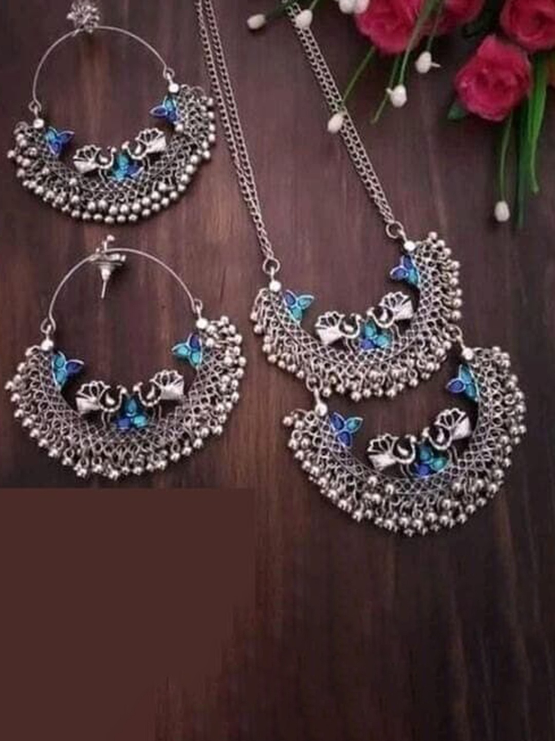 

Samridhi DC 2Pcs Silver-Plated Oxidised Stone Studded Jewellery Set