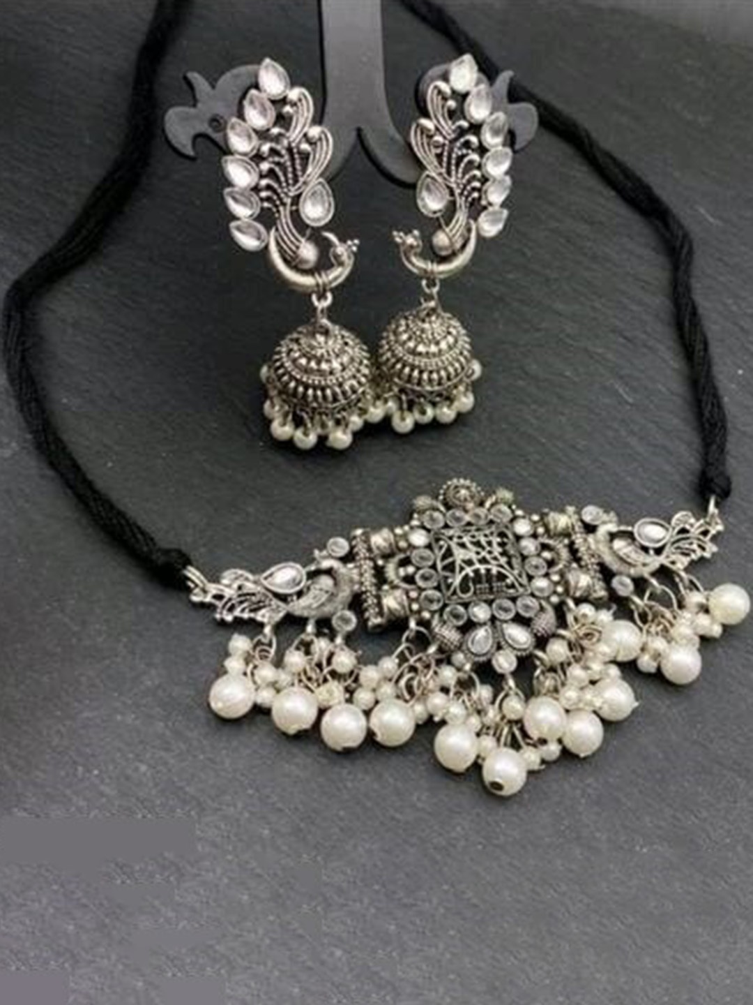 

Samridhi DC Silver-Plated Stone-Studded & Beaded Choker Jewellery Set