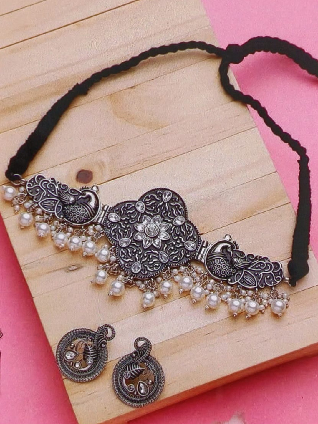 

Samridhi DC Silver-Plated Oxidised Stone-Studded & Beaded Jewellery Set