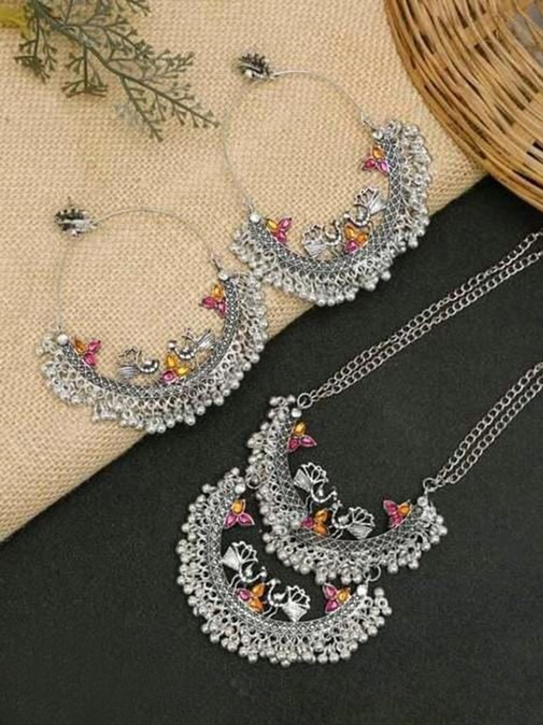 

Samridhi DC Silver-Plated Beaded Oxidised Jewellery Set