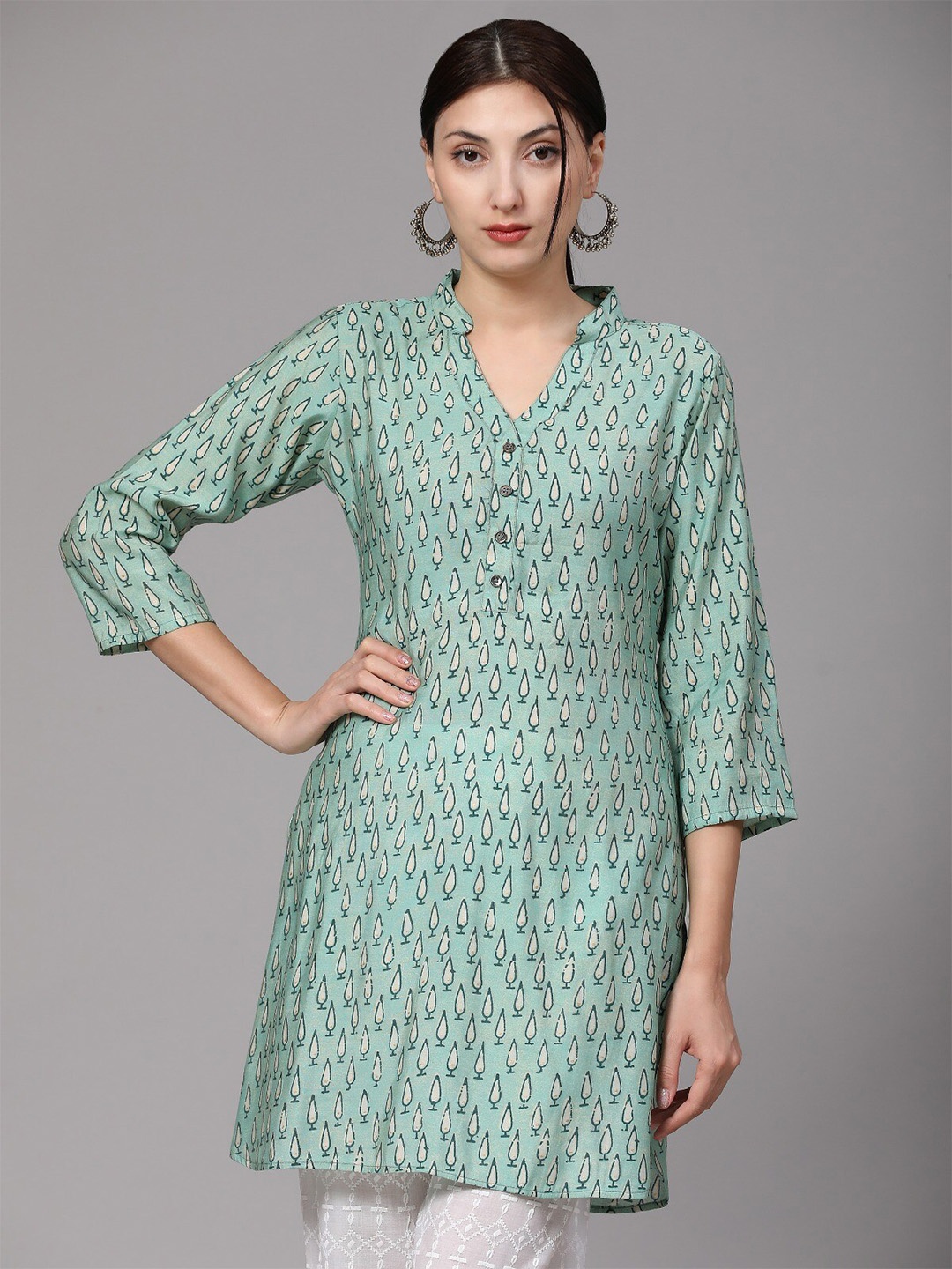 

V TRADITION Mandarin Collar Printed Cotton Tunic, Sea green