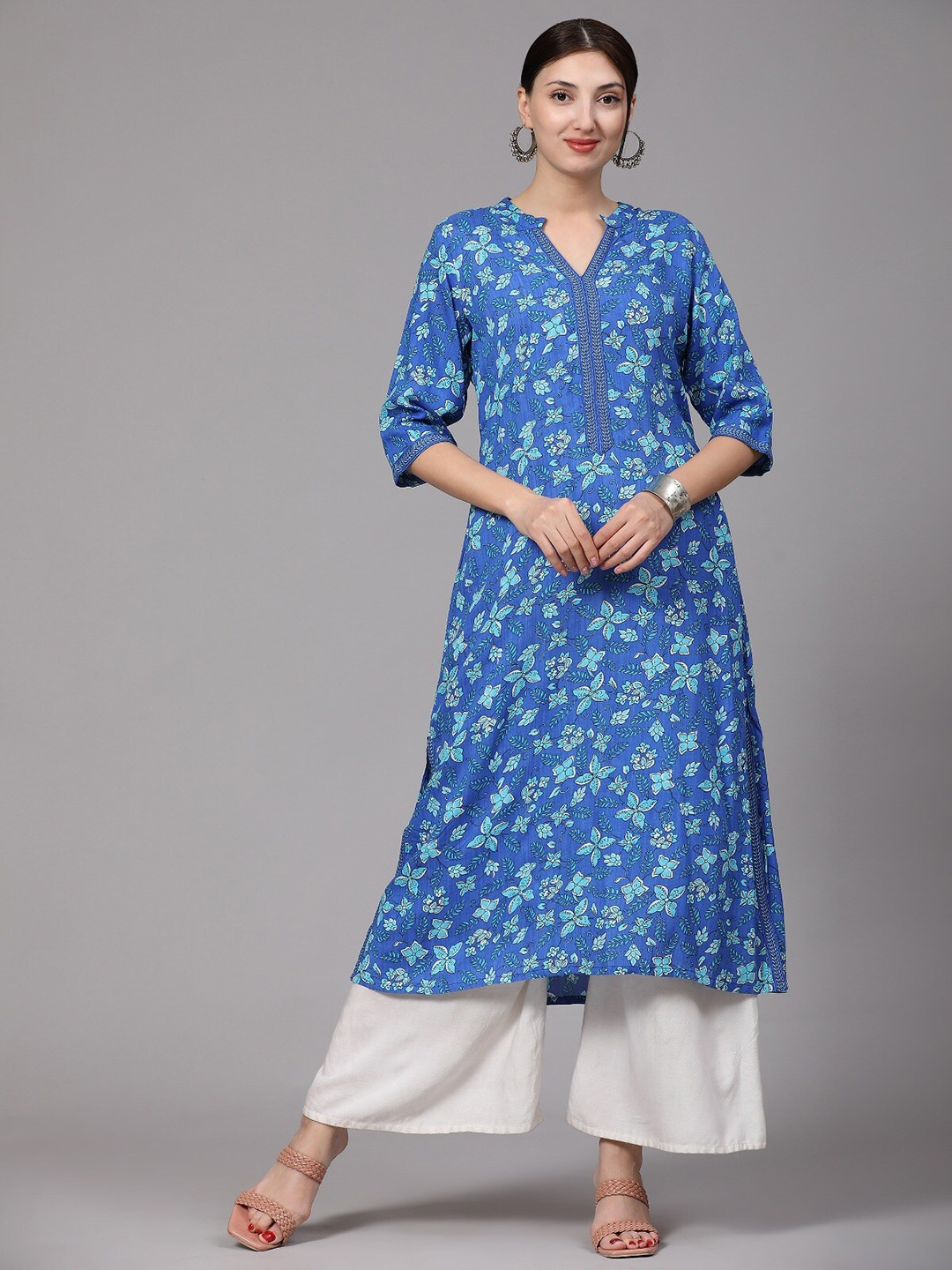 

V TRADITION Floral Printed Mandarin Collar Pure Cotton A-line Kurta, Blue