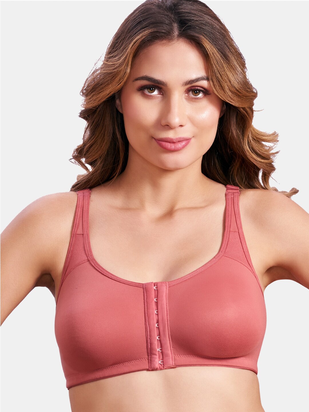 

MAROON Full Coverage Non-Wired Training & Gym Cotton Lycra Workout Front Open Bra, Rose