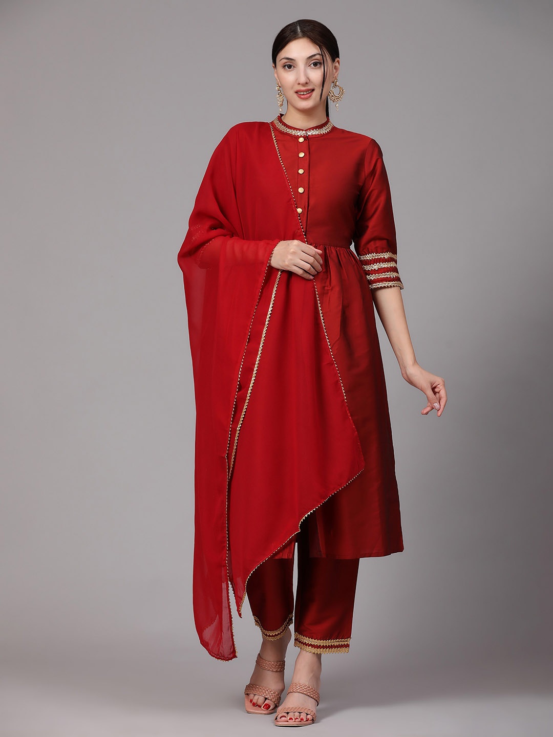 

V TRADITION Gotta Patti Pleated A-Line Kurta with Pyjamas & Dupatta, Maroon