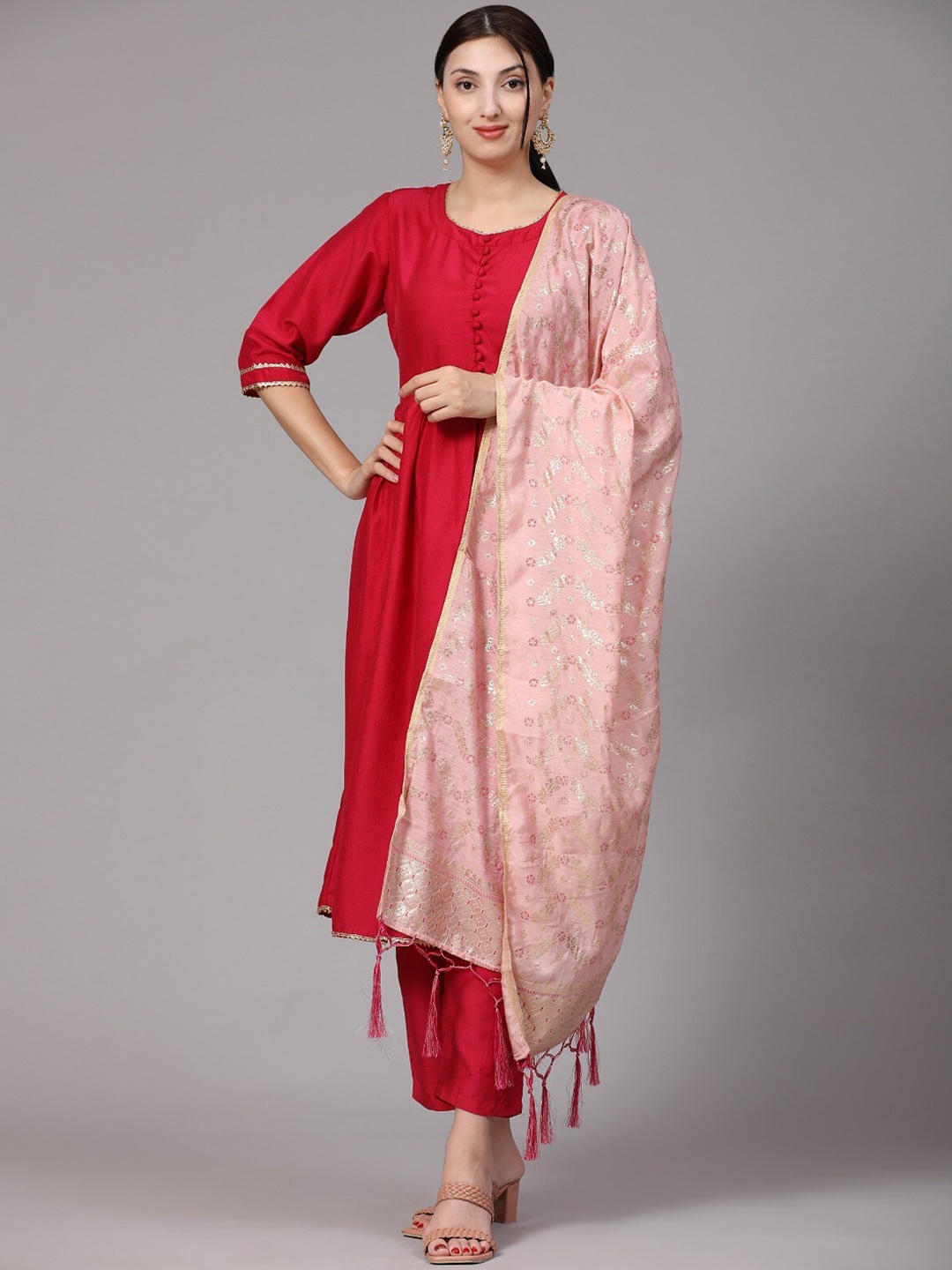 

V TRADITION Gotta Patti A-Line Kurta with Pyjamas & Dupatta, Red