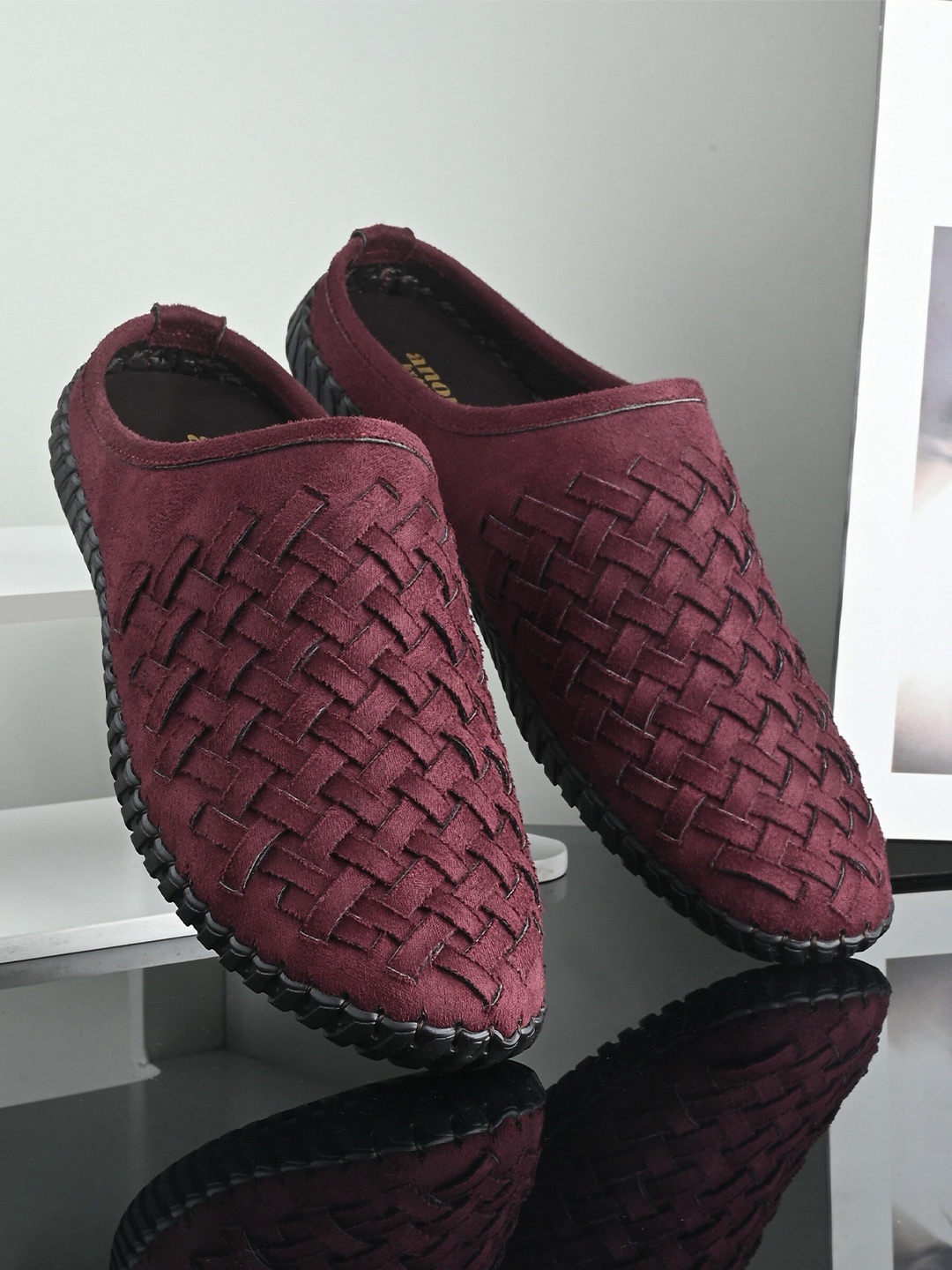

Anouk Men Maroon & Black Suede Woven Design Shoe-Style Sandals