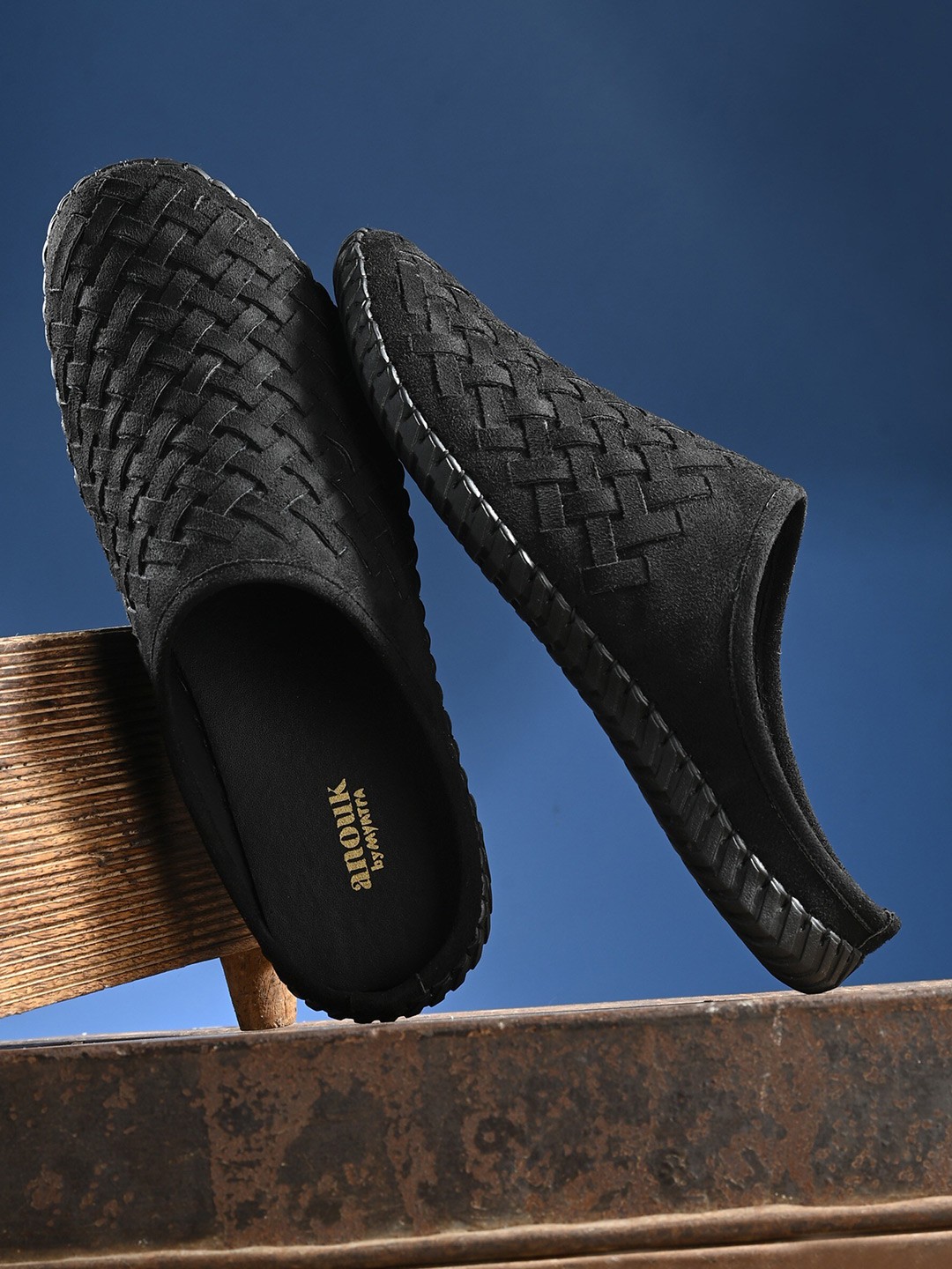 

Anouk Men Black Suede Woven Design Shoe-Style Sandals