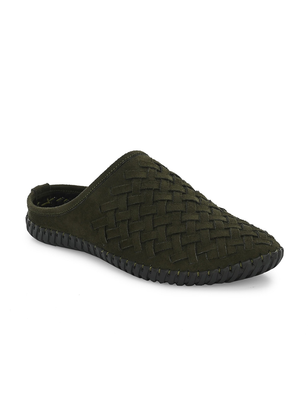 

Anouk Men Olive Green & Black Suede Woven Design Shoe-Style Sandals