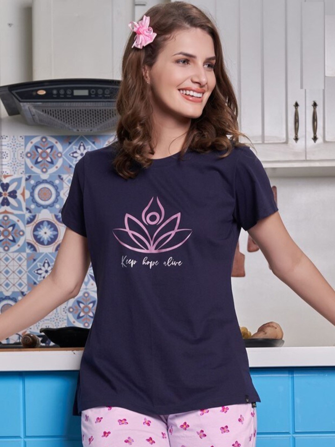 

TITTLI Floral Printed Night Suit, Navy blue