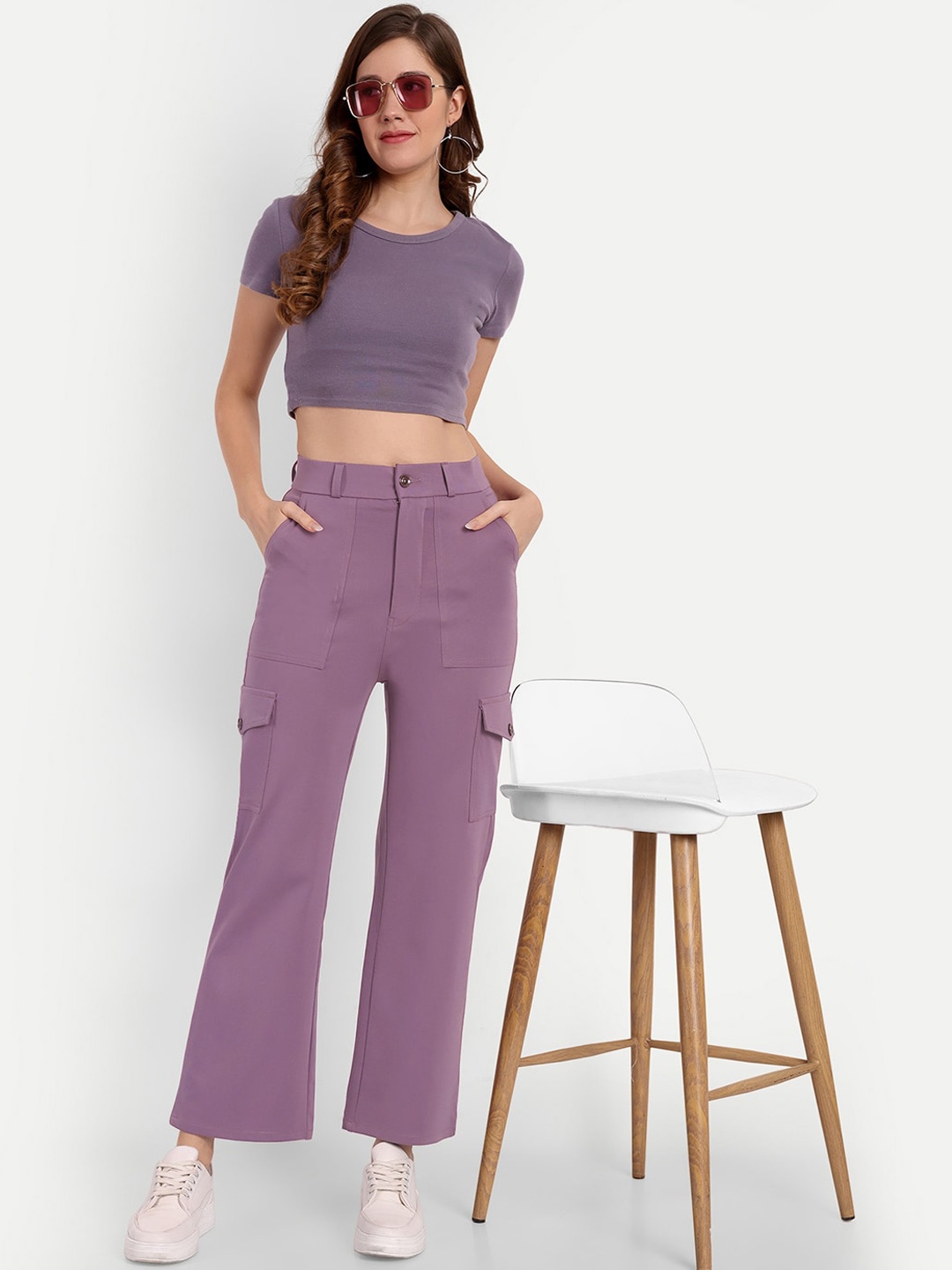 

BROADSTAR Women Smart Straight Fit High-Rise Easy Wash Cargo Trousers, Purple