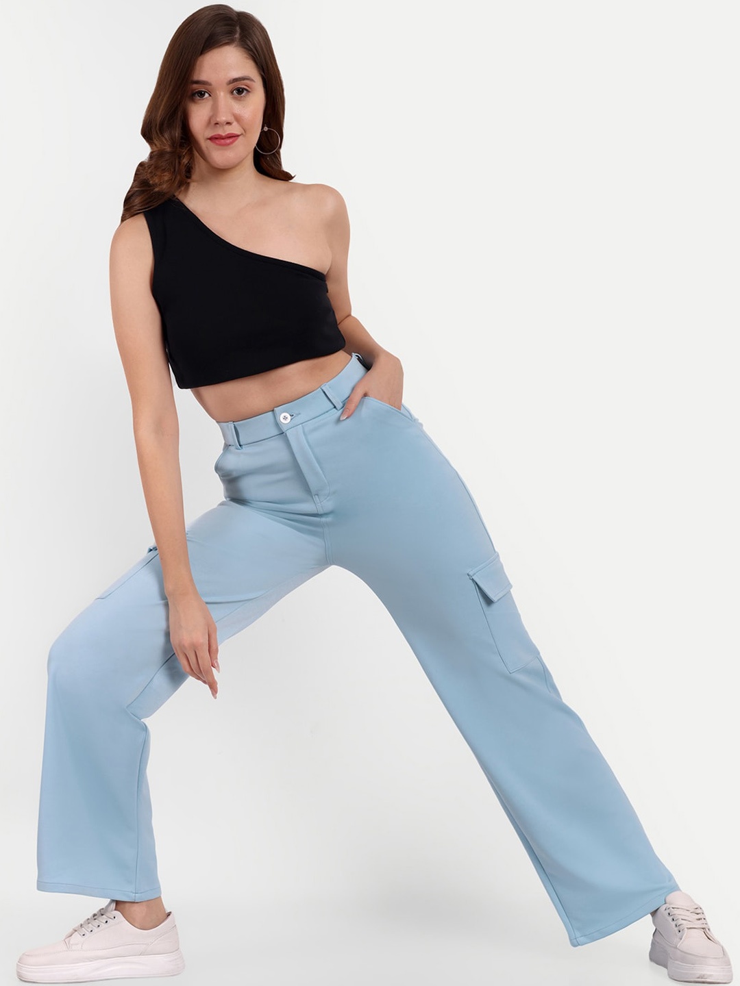 

BROADSTAR Women Smart Straight Fit High-Rise Easy Wash Cargo Trousers, Blue