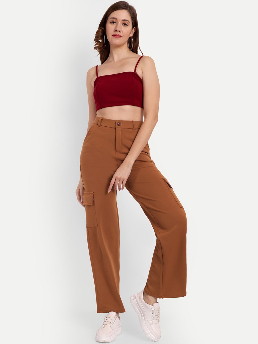 

BROADSTAR Women Smart Straight Fit High-Rise Cargo Trousers, Brown