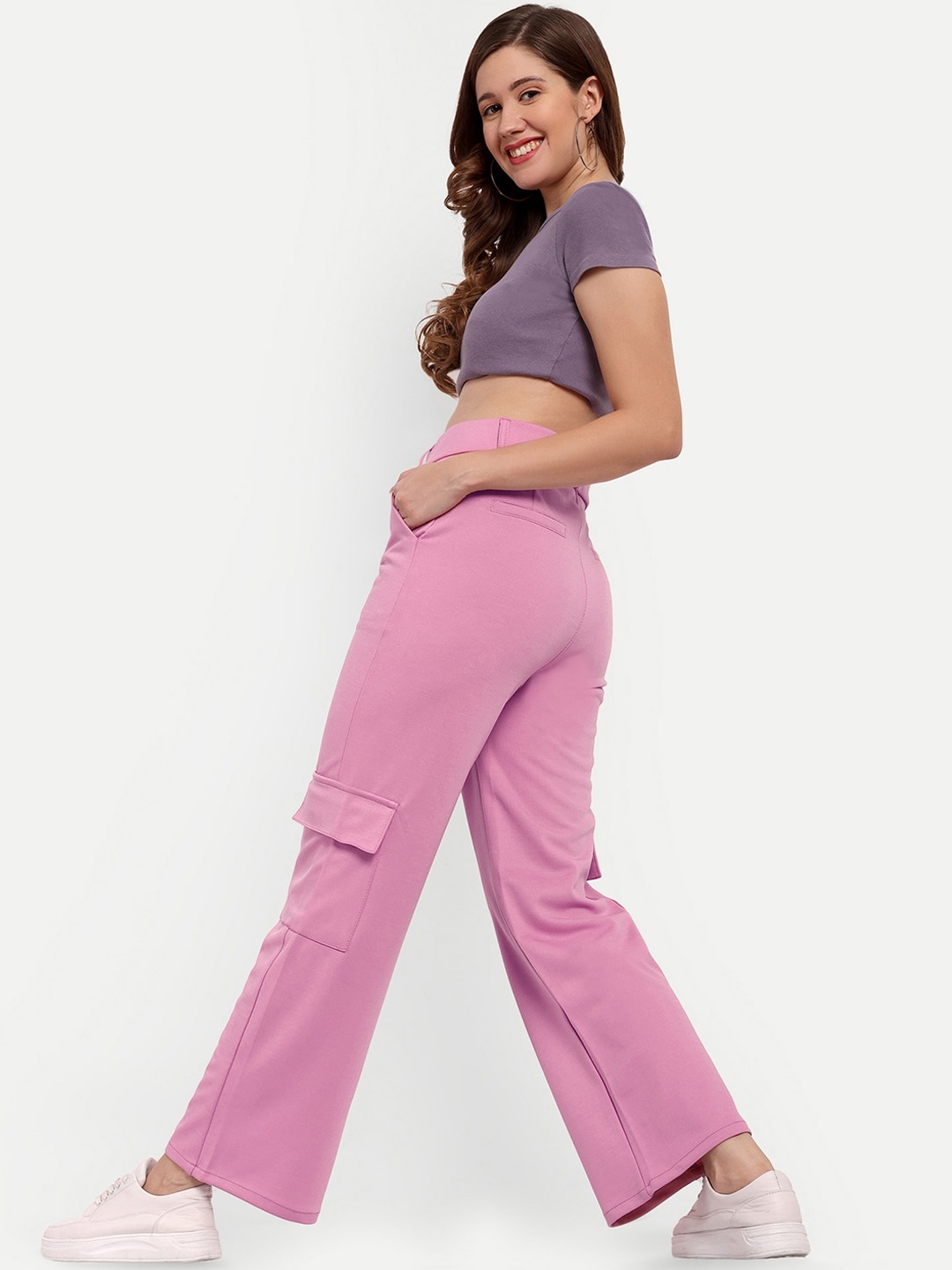 

BROADSTAR Women Smart Straight Fit High-Rise Cargo Trousers, Pink