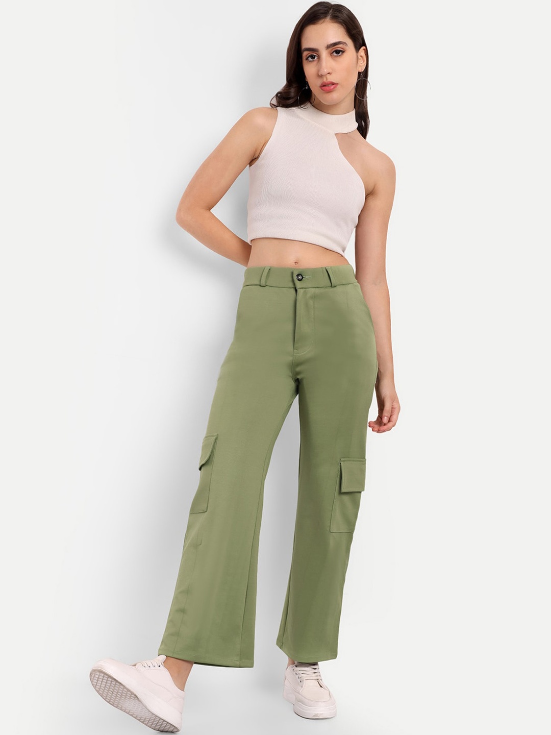 

BROADSTAR Women Smart Straight Fit High-Rise Easy Wash Cargo Trousers, Green