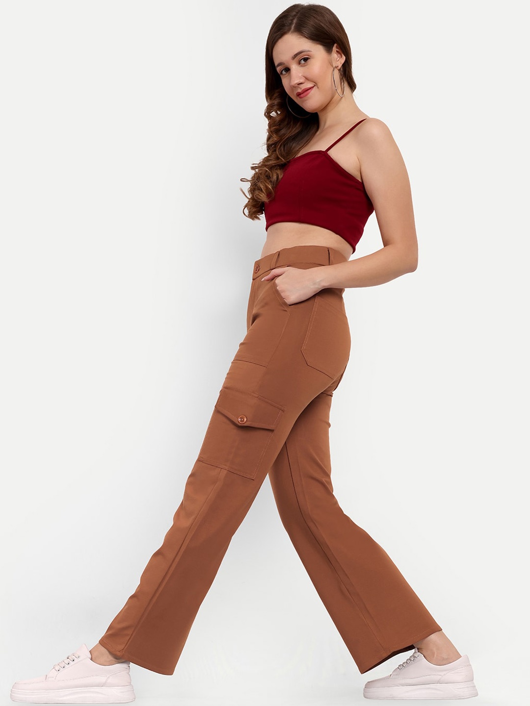 

BROADSTAR Women Smart Straight Fit High-Rise Easy Wash Cargo Trousers, Tan