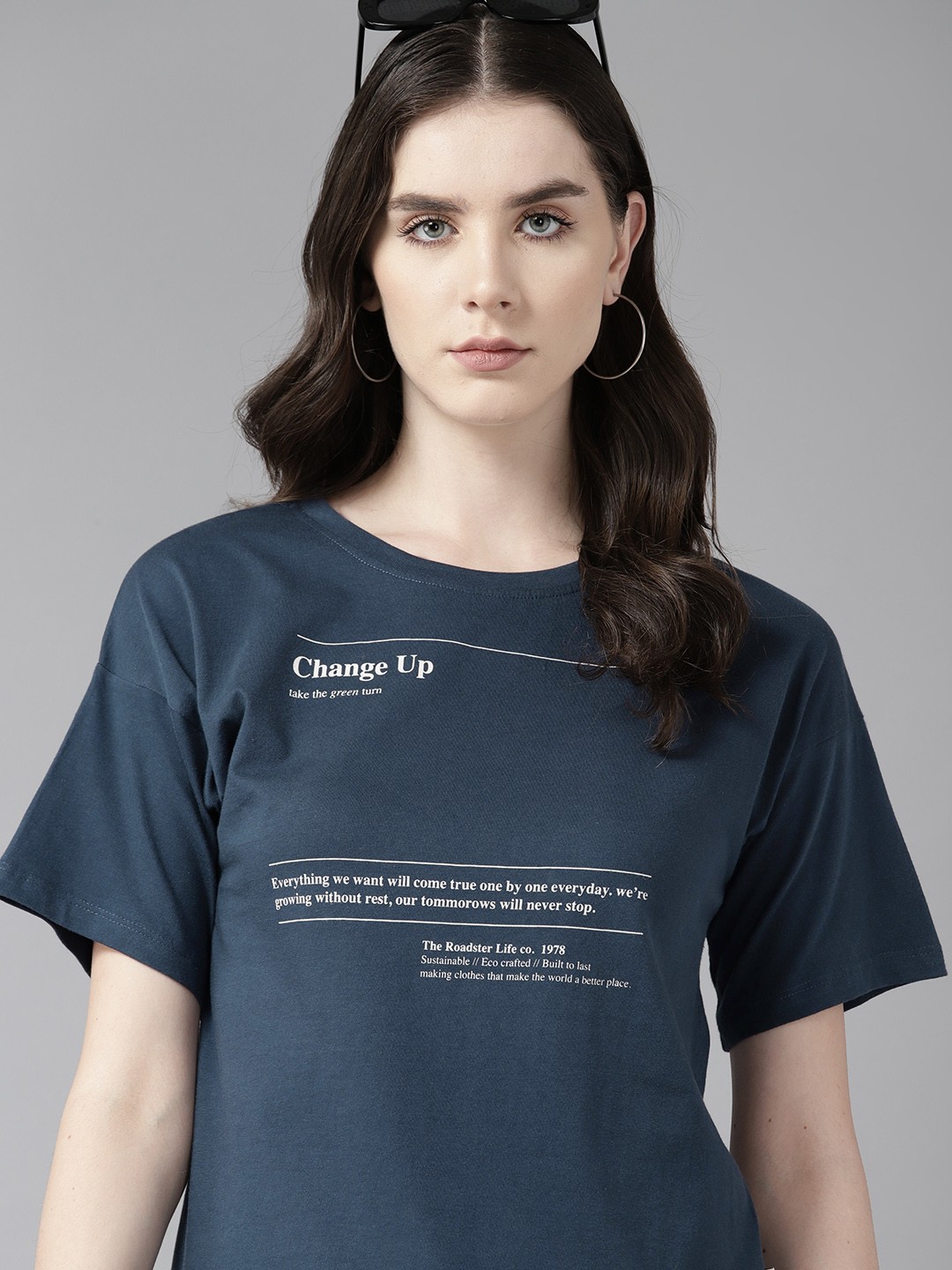 

The Roadster Lifestyle Co. Typography Printed Drop-Shoulder Sleeves Pure Cotton T-shirt, Navy blue