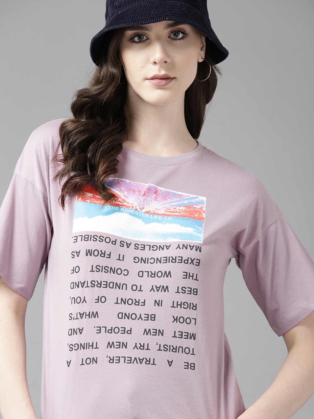 

The Roadster Lifestyle Co. Typography Printed Drop-Shoulder Sleeves Pure Cotton T-shirt, Lavender