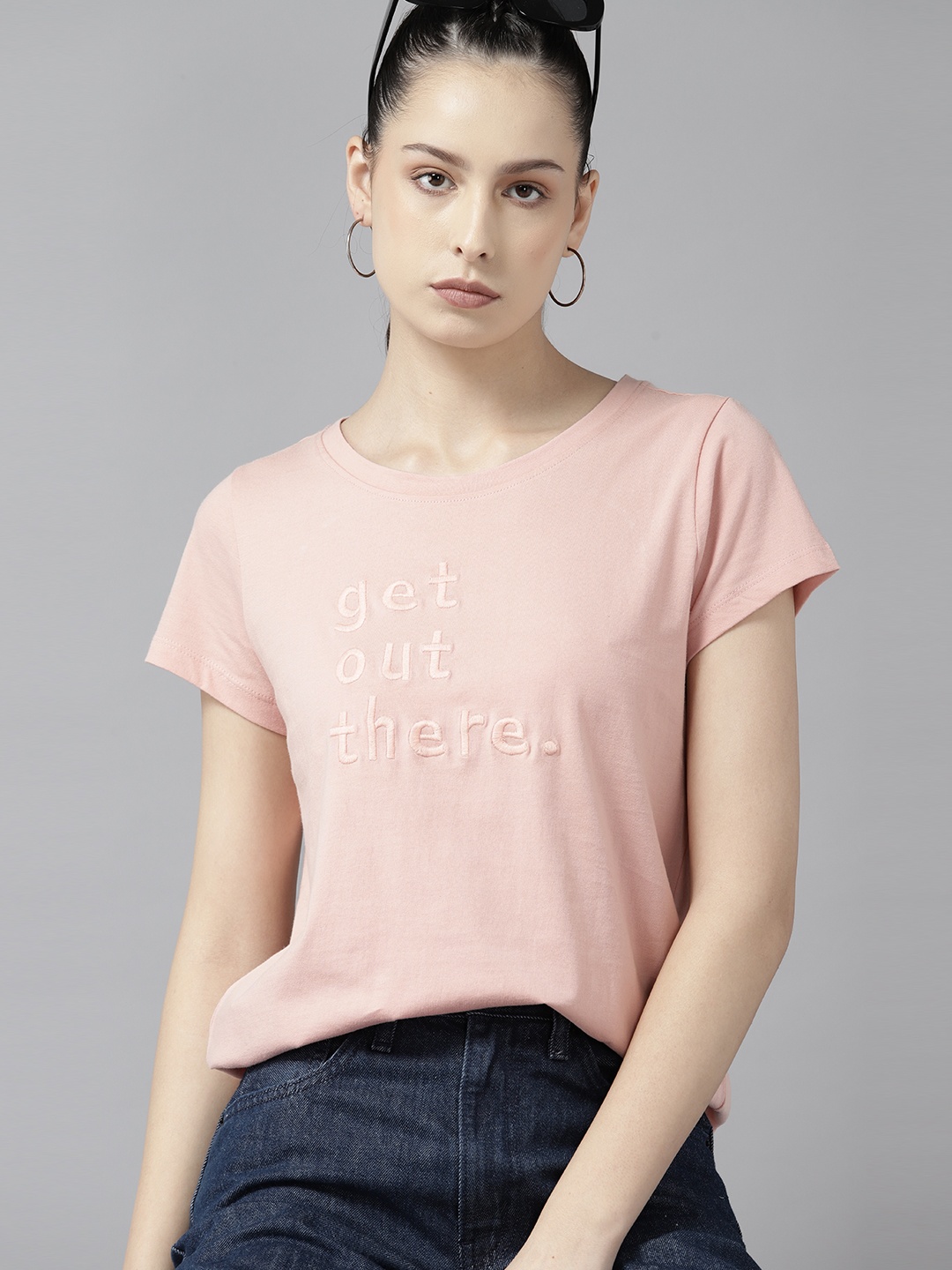 

The Roadster Lifestyle Co. Typography Embroidered Pure Cotton T-shirt, Peach