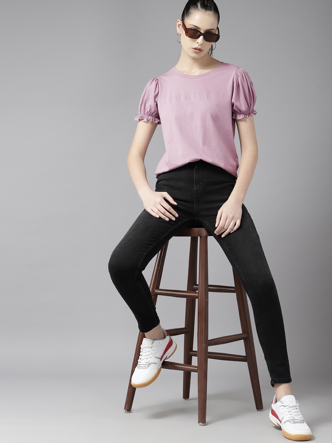 

The Roadster Lifestyle Co. Puff Sleeves Pure Cotton T-shirt, Mauve
