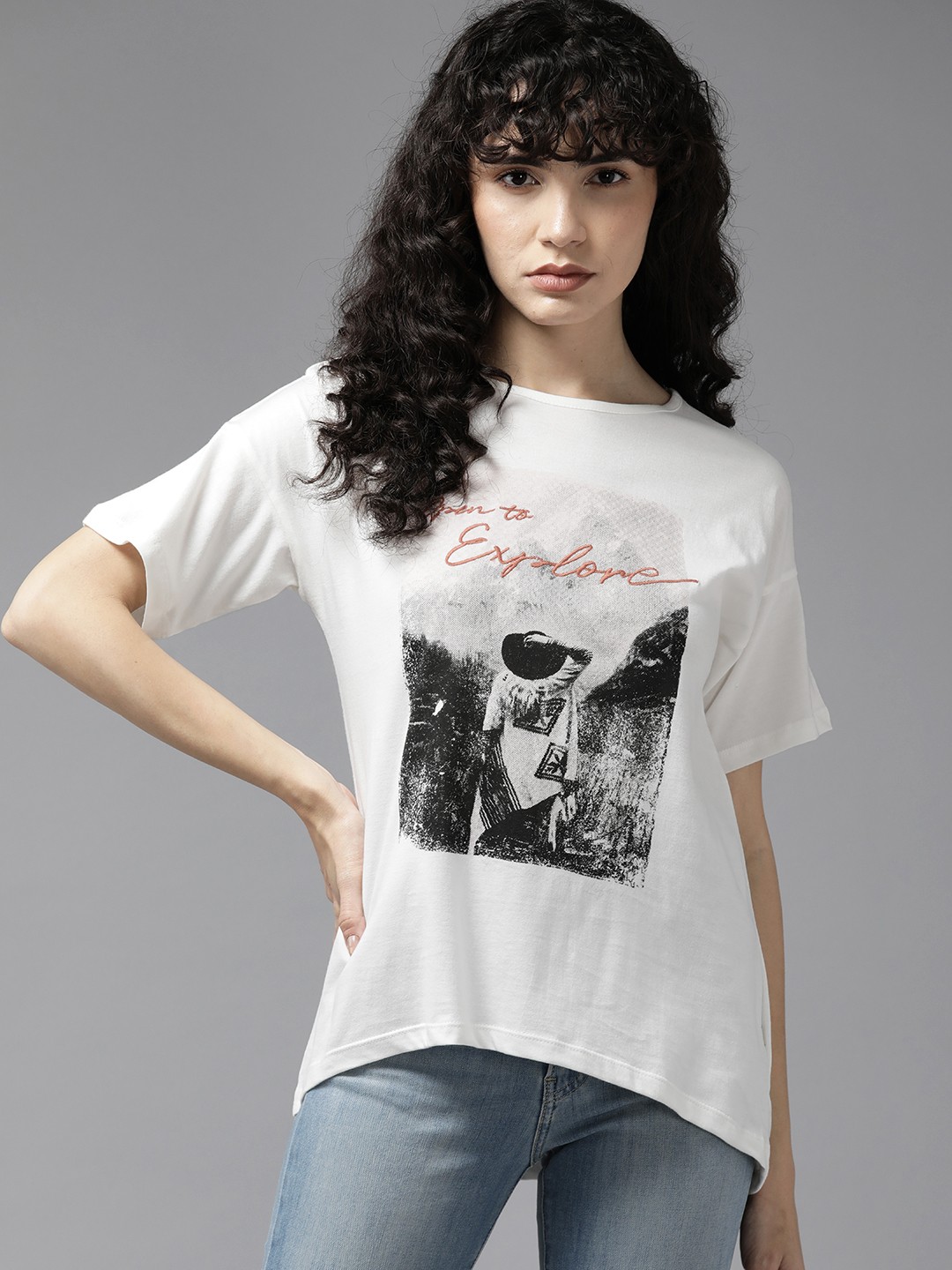 

The Roadster Lifestyle Co. Printed Drop-Shoulder Sleeves Pure Cotton T-shirt, White