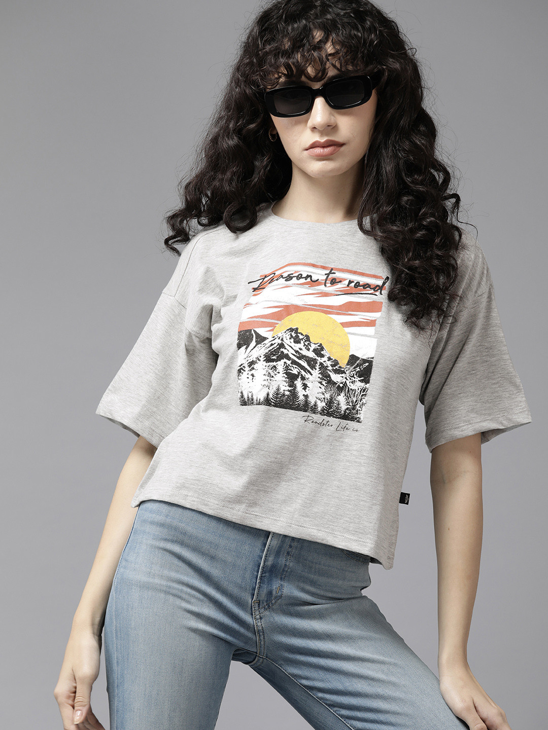 

The Roadster Lifestyle Co. Printed Drop-Shoulder Sleeves Pure Cotton T-shirt, Grey melange