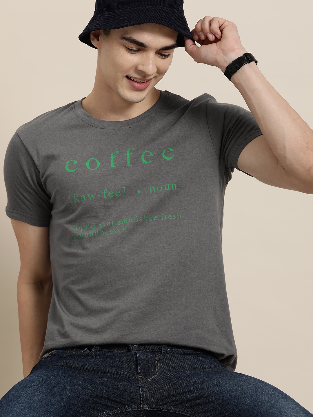 

HERE&NOW Men Charcoal & Green Typography Printed T-shirt