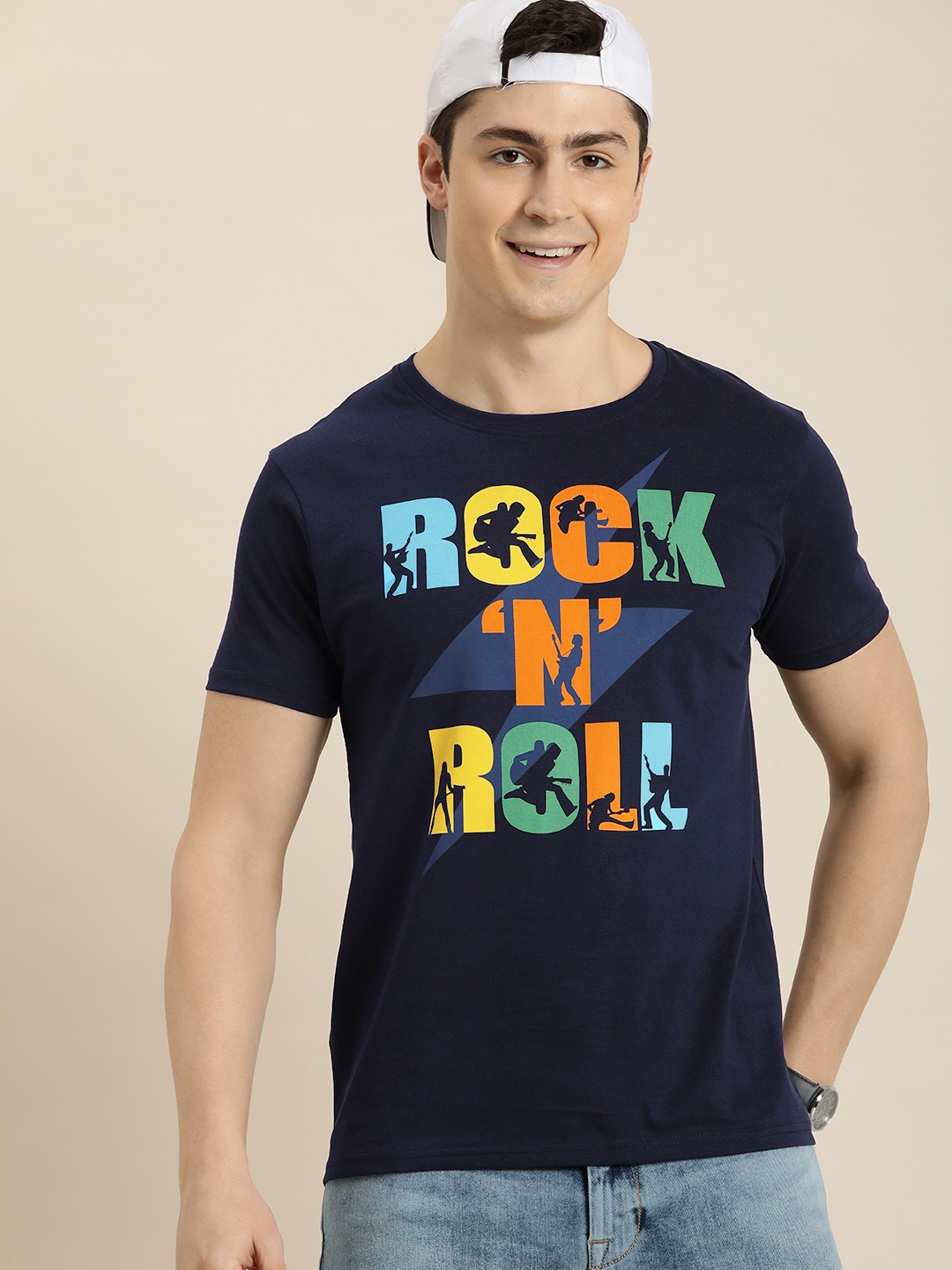 

HERE&NOW Typography Printed Pure Cotton T-shirt, Navy blue