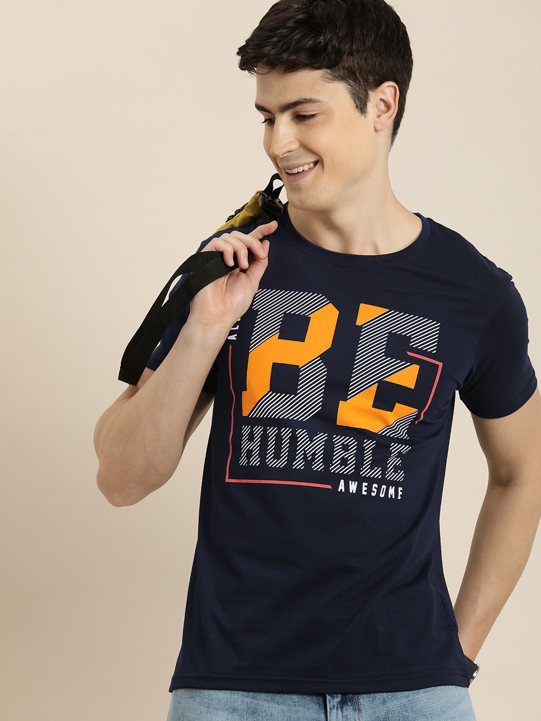 

HERE&NOW Typography Printed Pure Cotton T-shirt, Navy blue